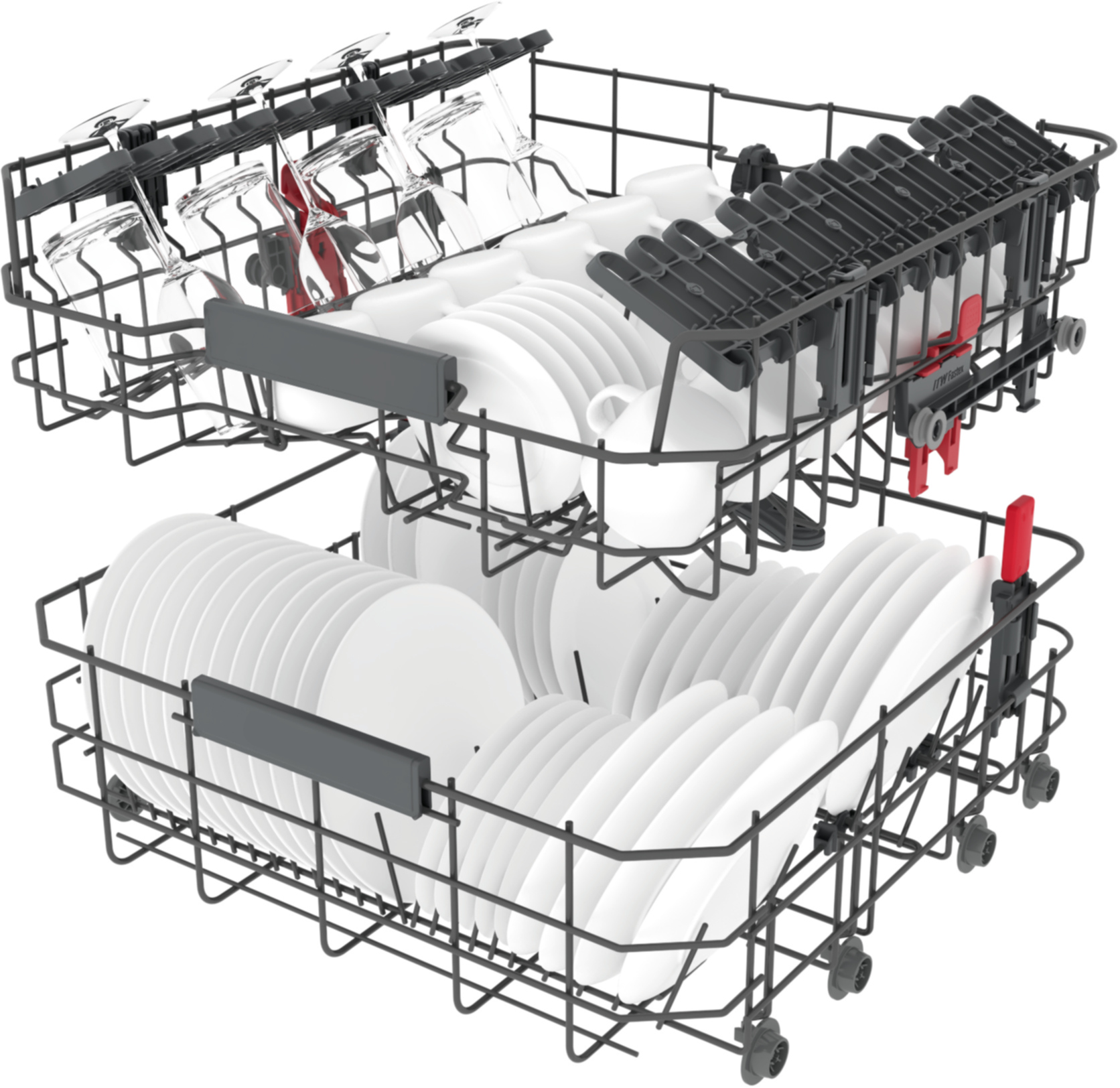 Górny kosz zmywarki ze szklankami i kubkami. Dolny kosz z talerzami.