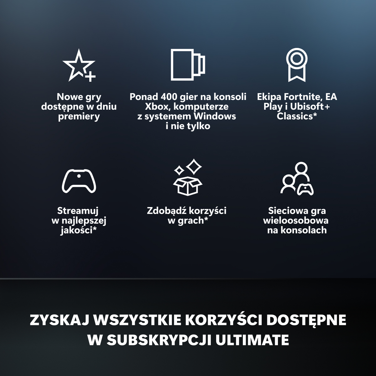 Ikony gier, streamingu, bonusów, trybu wieloosobowego, biblioteki gier i zespołu Fortnite.