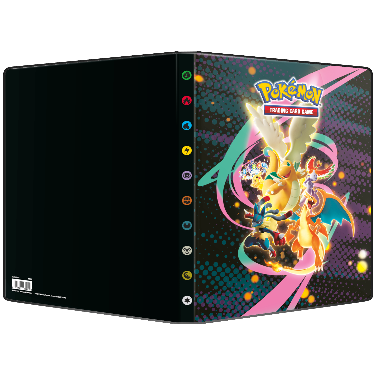 A Pokémon trading card binder featuring vibrant characters and logo on a black background.