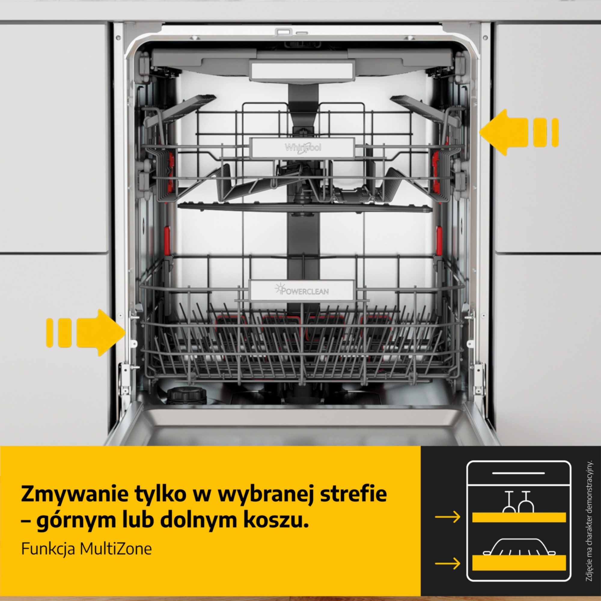Otwarta zmywarka z dwoma koszami i żółtymi strzałkami wskazującymi strefy.