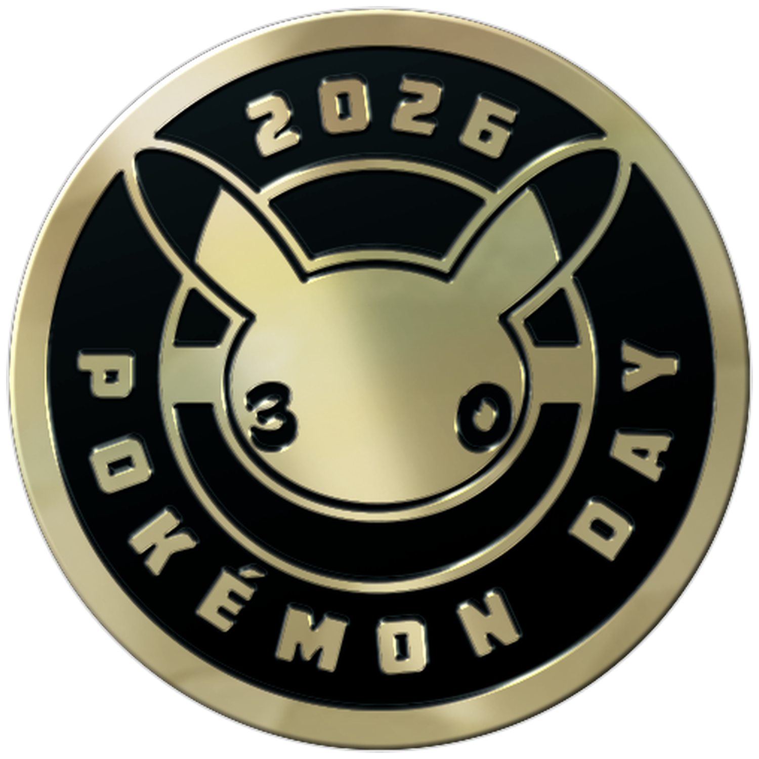 Gouden munt met Pikachu-gezicht en tekst 2026 POKÉMON DAY.