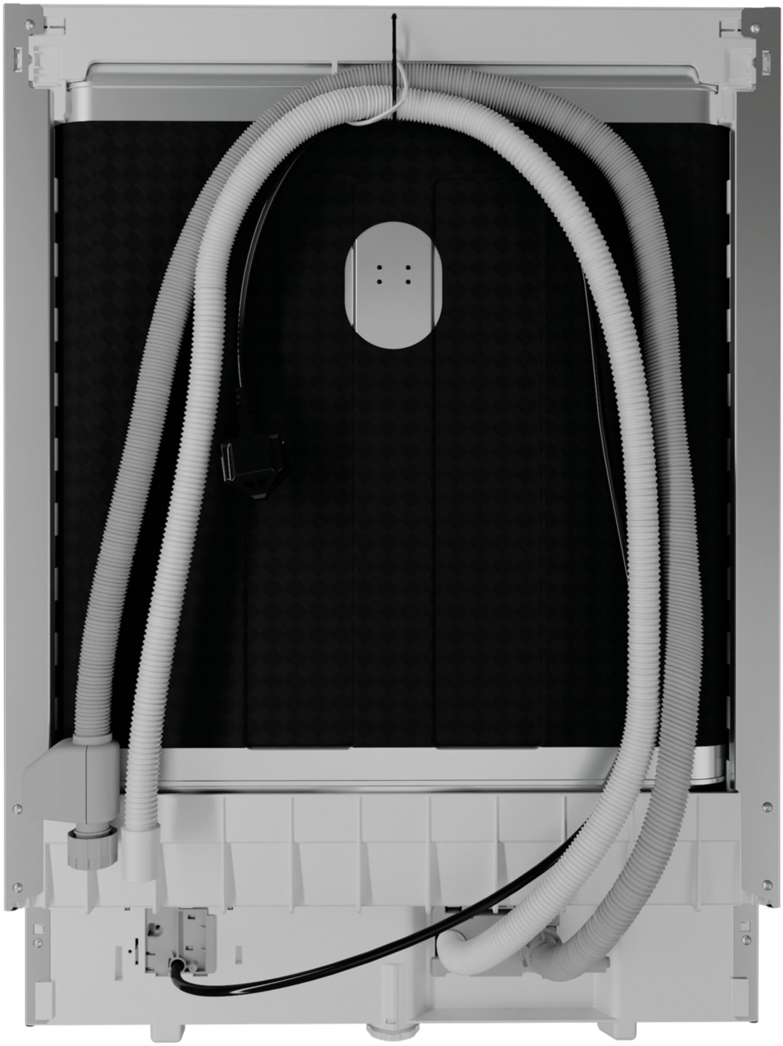 Tył urządzenia z wężami i kablami, czarne tło.