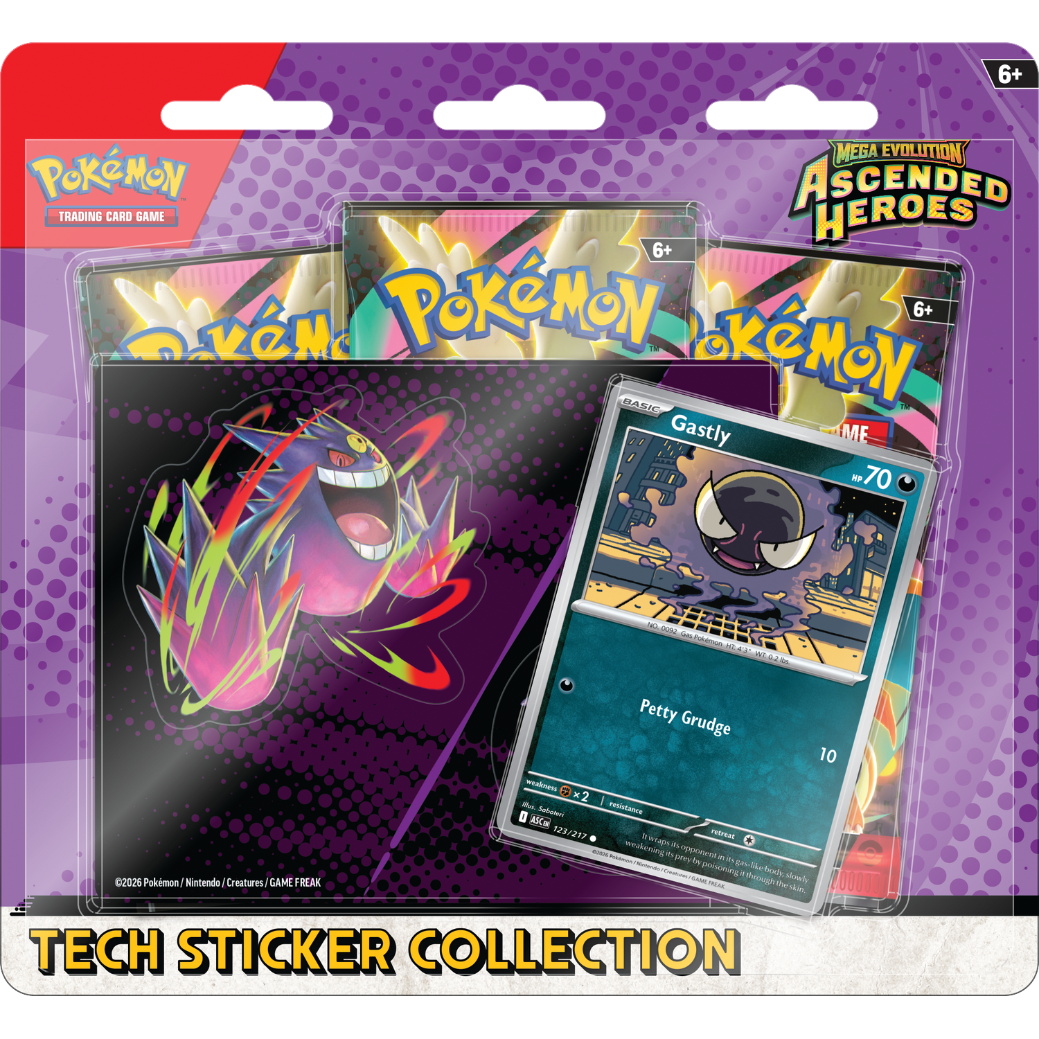 Pokémon Tech Sticker Collection met Gengar-sticker en Gastly-kaart.