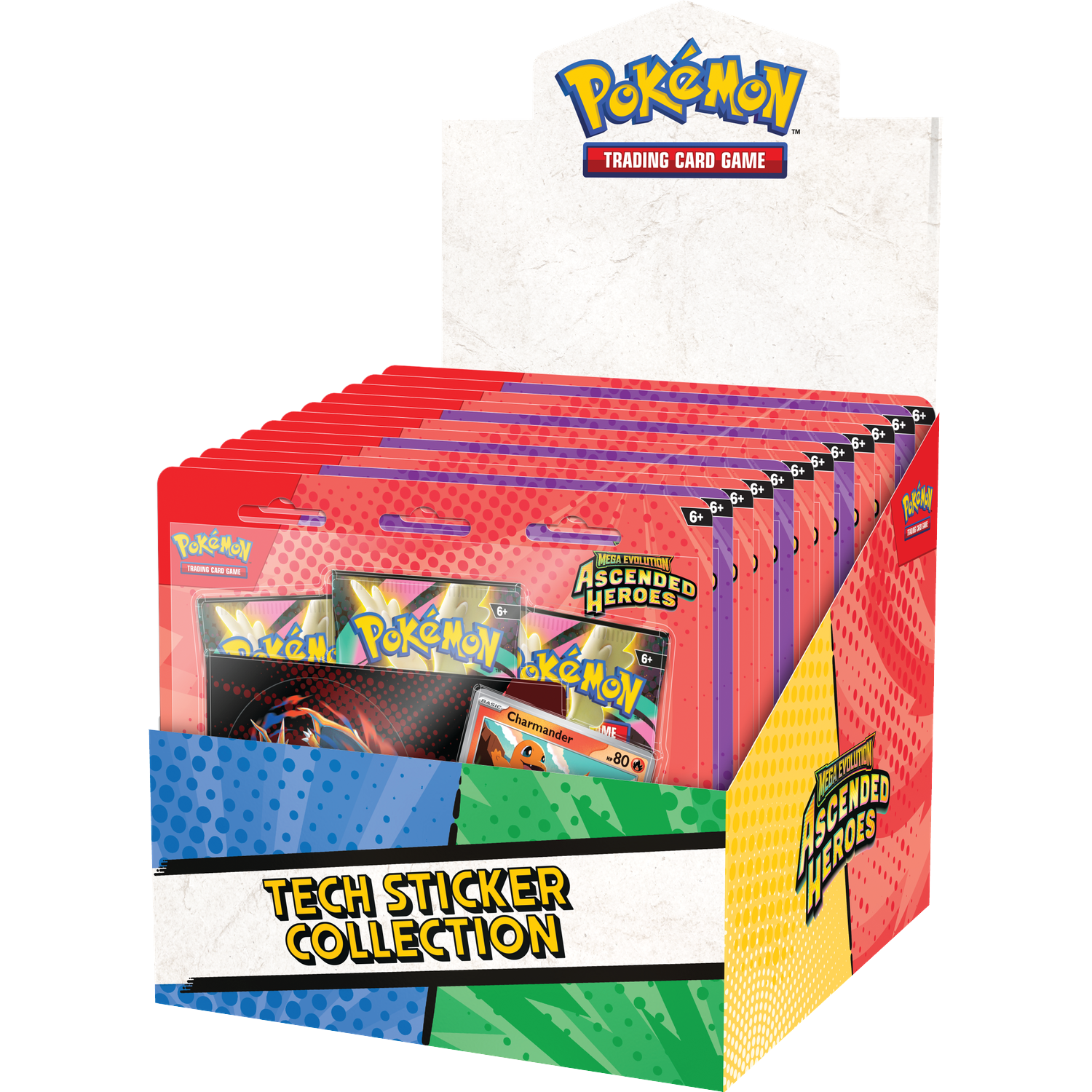 Pokémon Trading Card Game display box met "Ascended Heroes" en "Tech Sticker Collection".