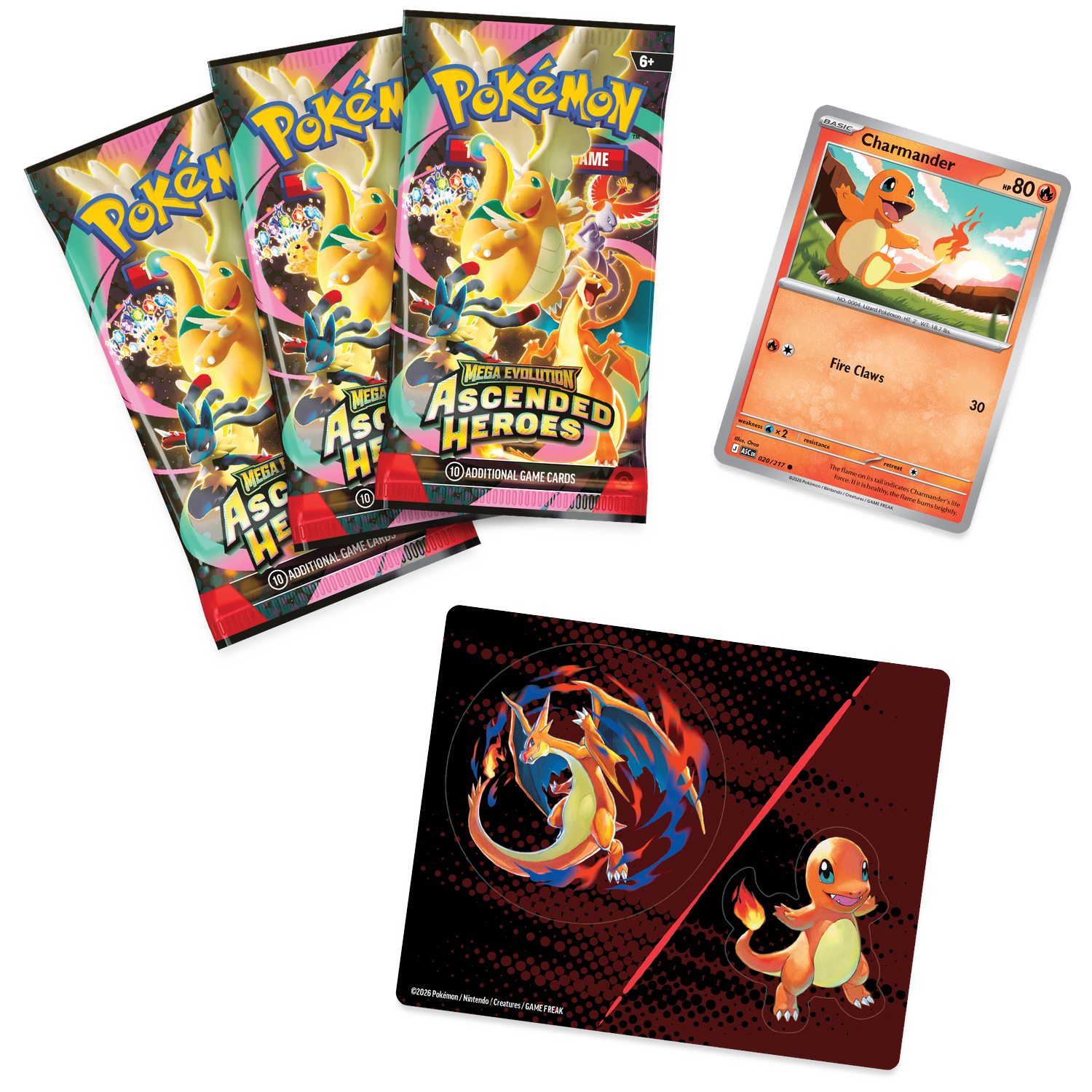 Pokémon Mega Evolution Ascended Heroes booster packs, Charmander kaart en speelmat.