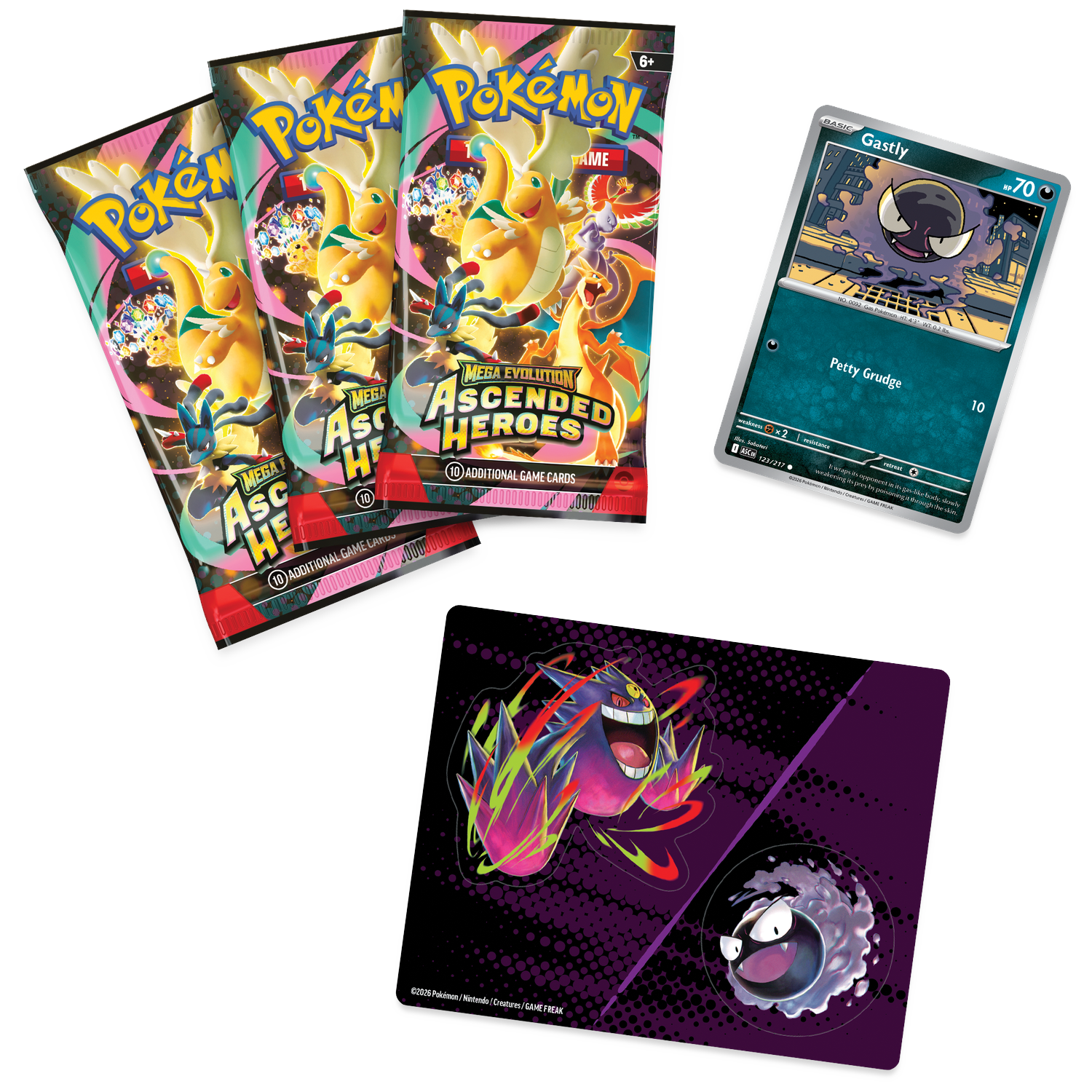 Pokemon kaarten: drie booster packs, Gastly kaart en speelmat met Gengar en Gastly.