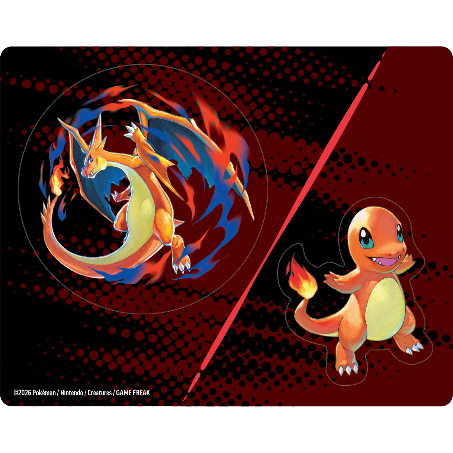 Twee Pokémon, Charizard en Charmander, op een zwarte en rode achtergrond.