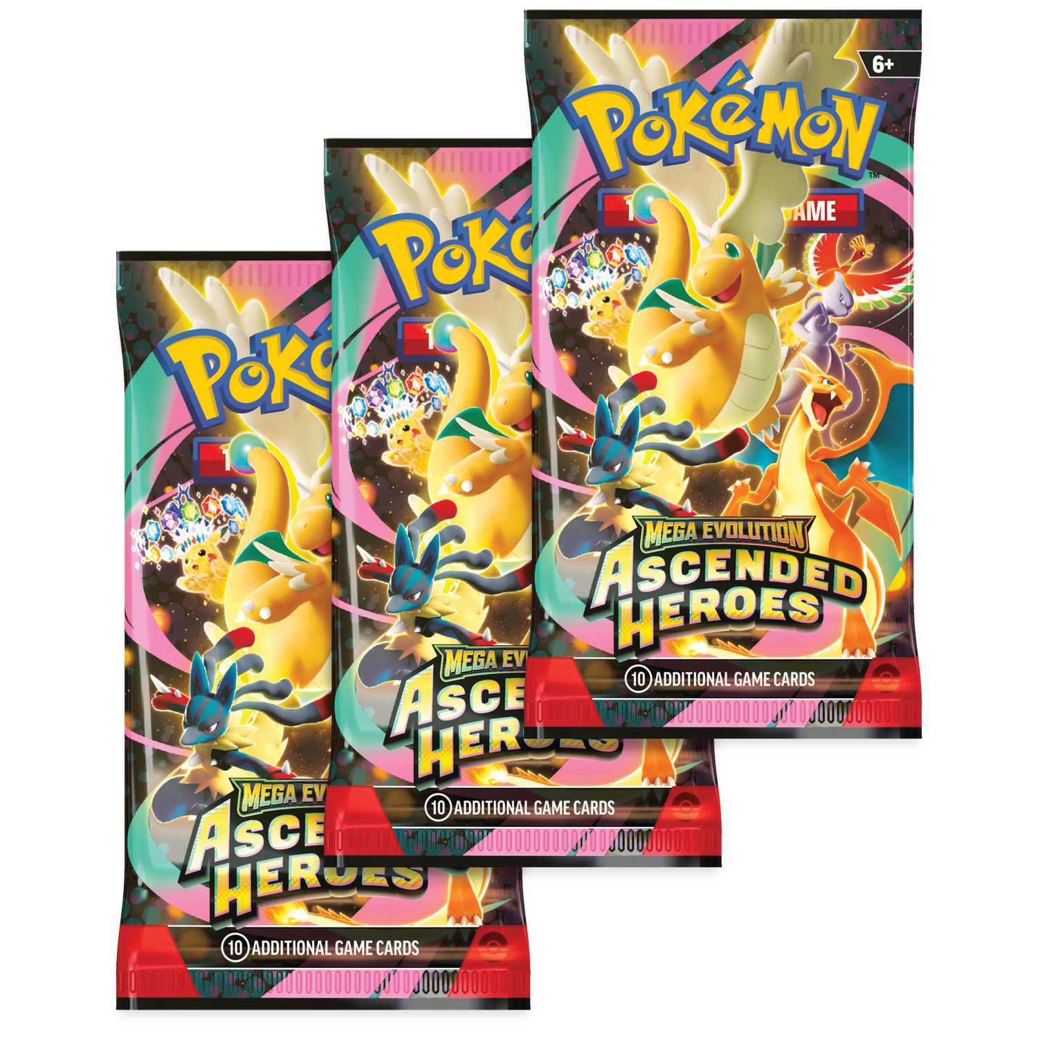 Drie Pokémon Mega Evolution Ascended Heroes kaartpakjes met diverse Pokémon-personages.