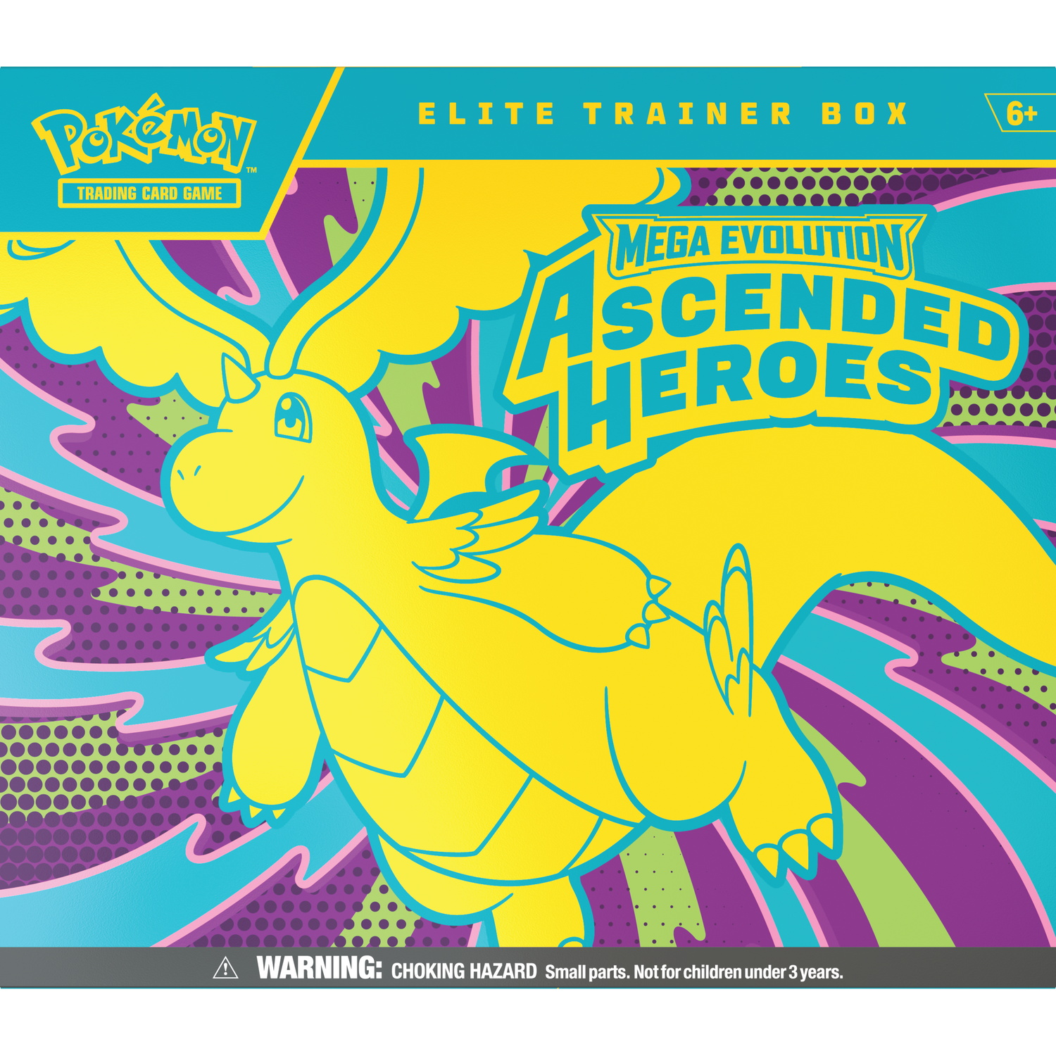 Pokémon Elite Trainer Box met gele draak en kleurrijke patronen.