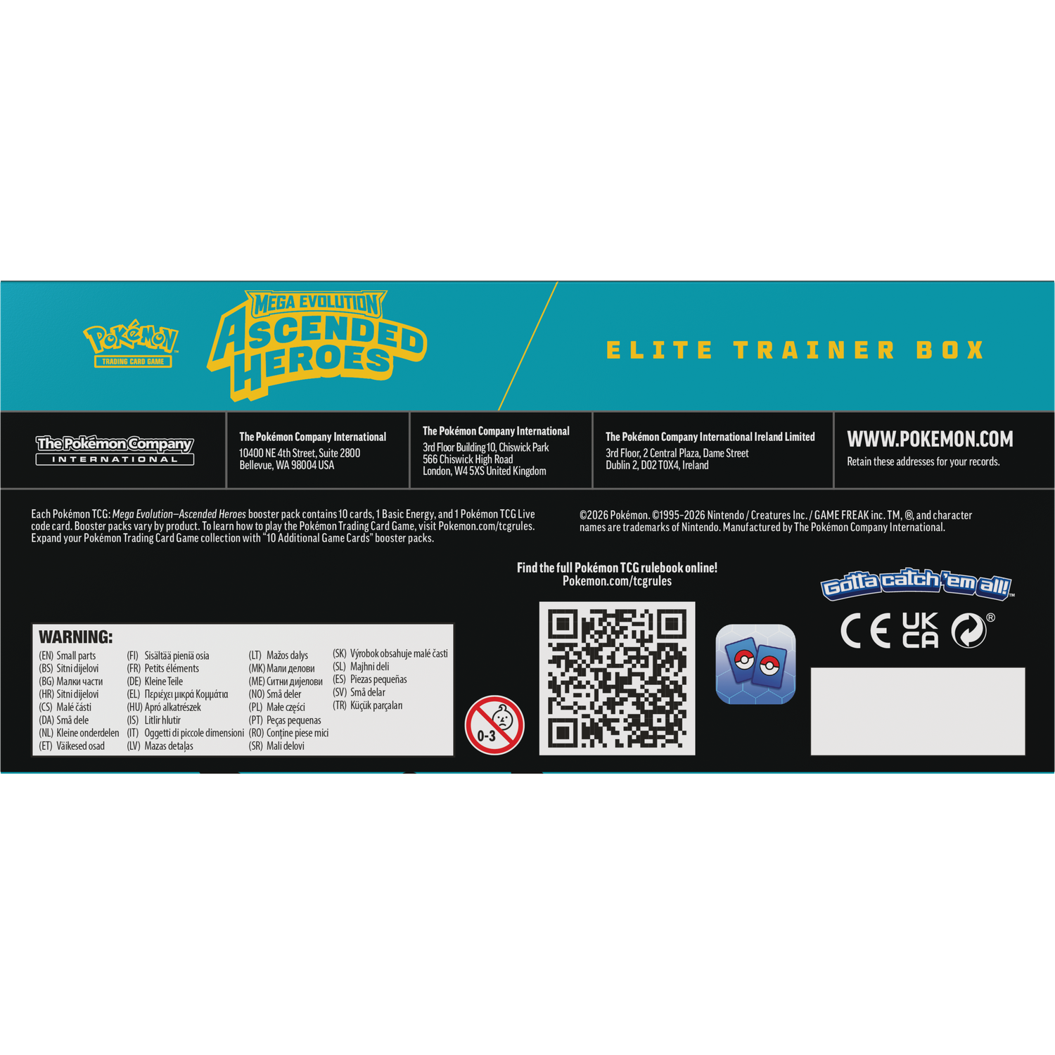 Pokémon TCG Elite Trainer Box: Mega Evolution Ascended Heroes. Toont productinfo, waarschuwingen en logo's.