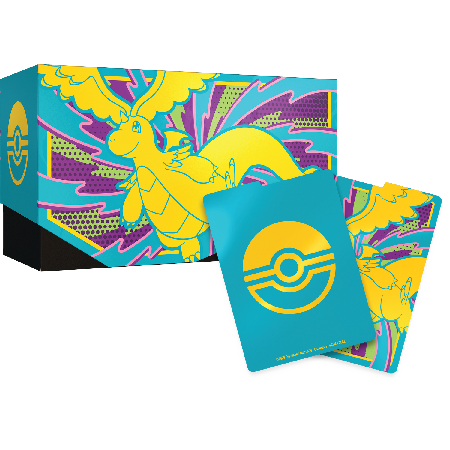 Een doos en twee kaarten met gele draken en Pokémon-symbolen op een blauwe achtergrond.