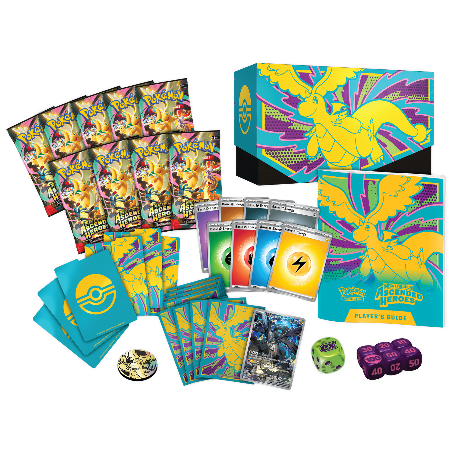 Pokemon ruilkaartspel accessoires: boosterpakjes, speelkaarten, dobbelstenen en spelersgids.
