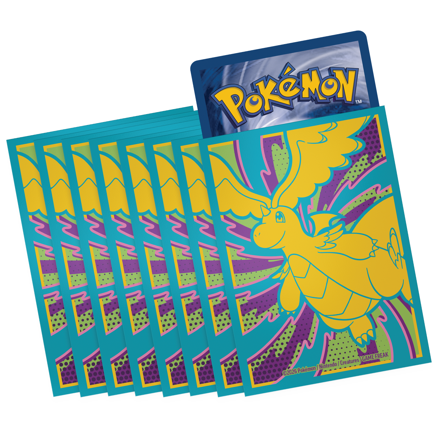 Een set gele Pokémon kaarthoezen met een draak en Pokémon-logo.