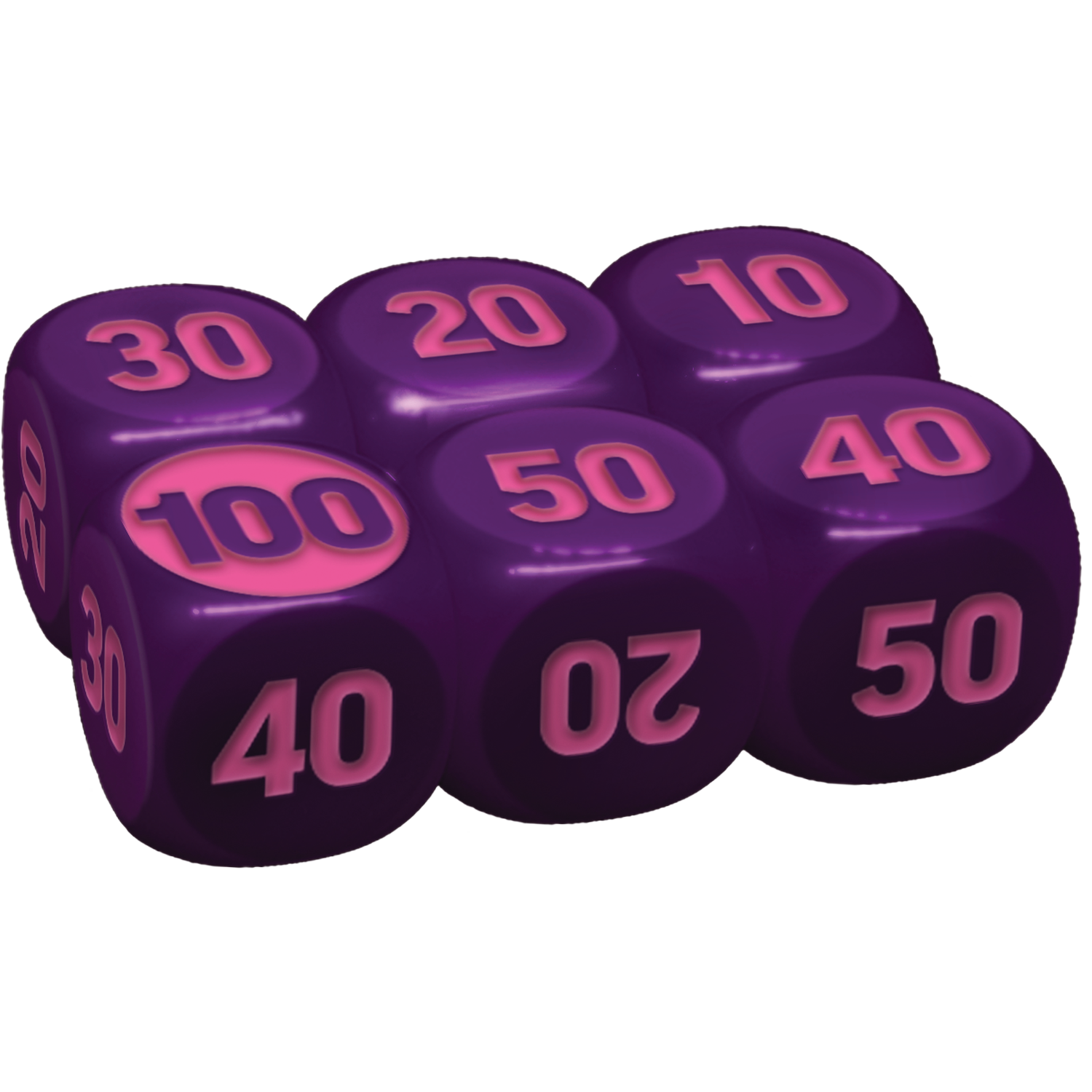 Zes paarse dobbelstenen met roze cijfers: 10, 20, 30, 40, 50, 100.
