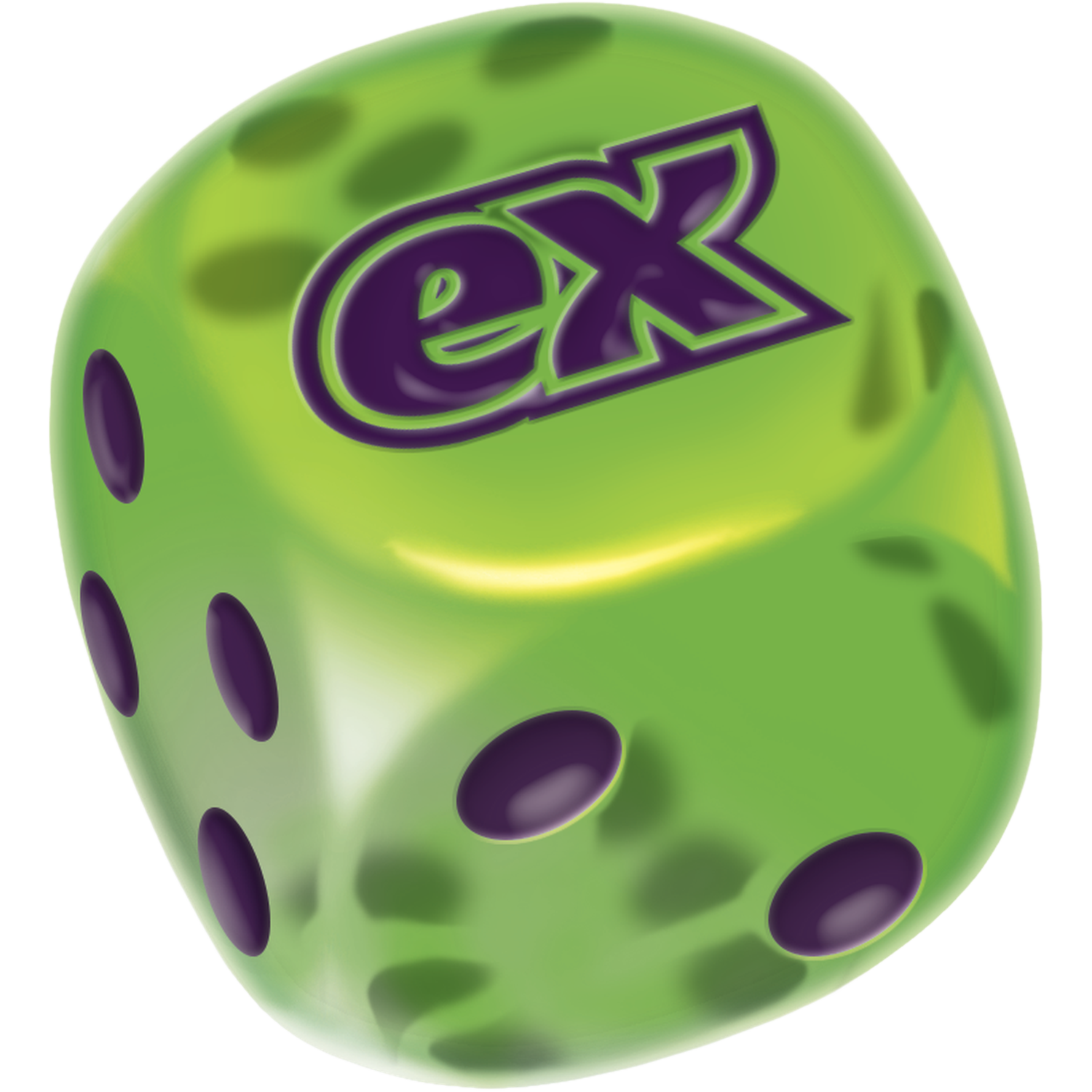 Een doorschijnende, neongroene dobbelsteen met paarse stippen en het "ex" logo.