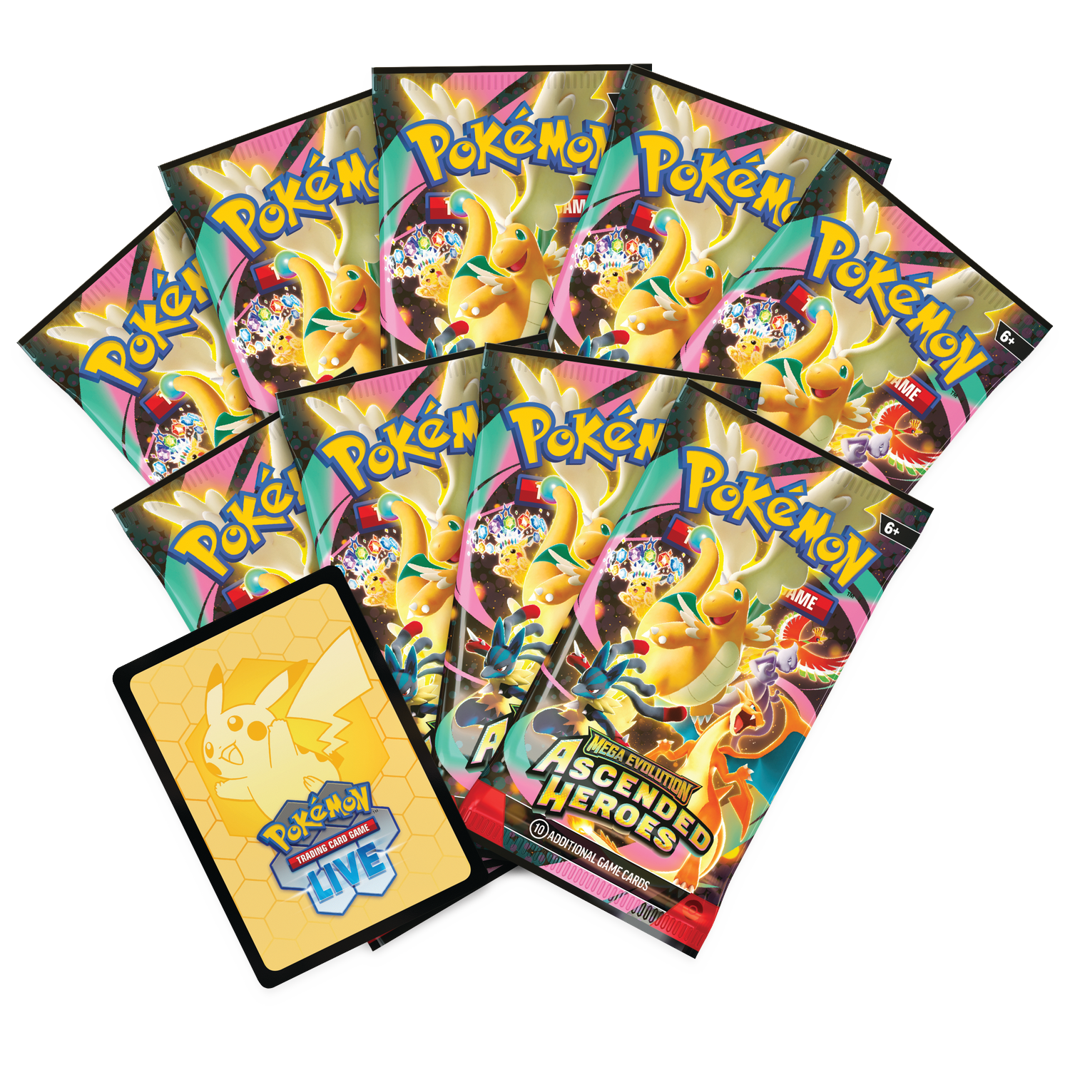 Meerdere Pokémon-kaartenpakketten en een Pikachu-kaart liggen op een witte achtergrond.
