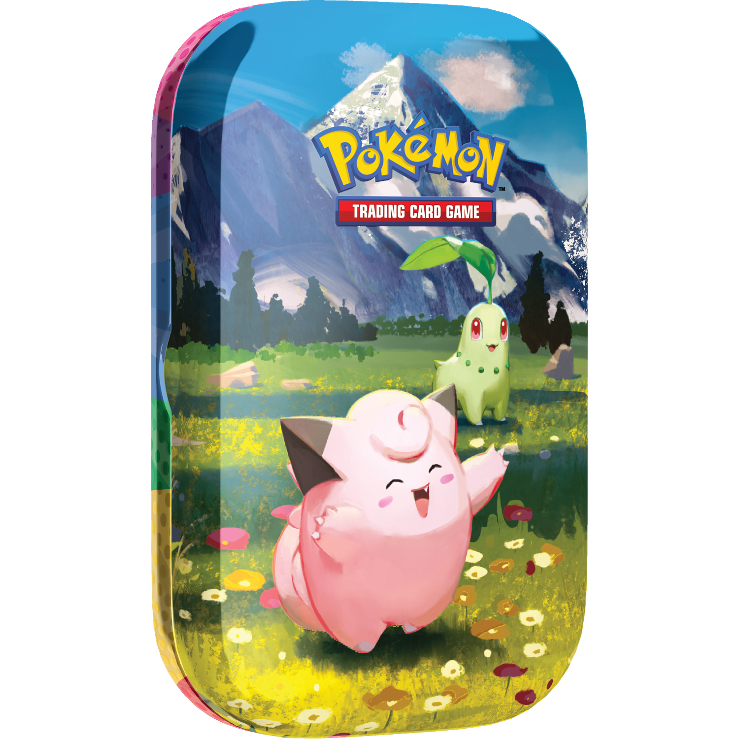 Pokemon blik met twee schattige Pokemon in een bloemrijk landschap voor een berg.