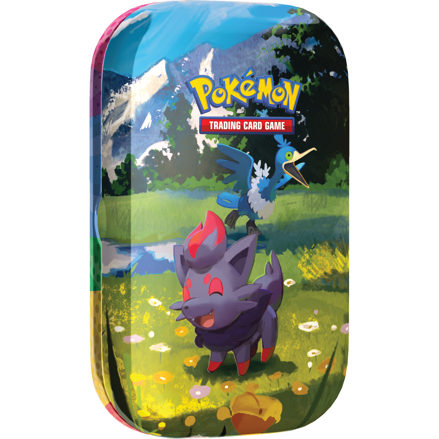Een Pokémon blik met een paars vosachtig wezen en een blauwe vogel in een grasveld met bergen.