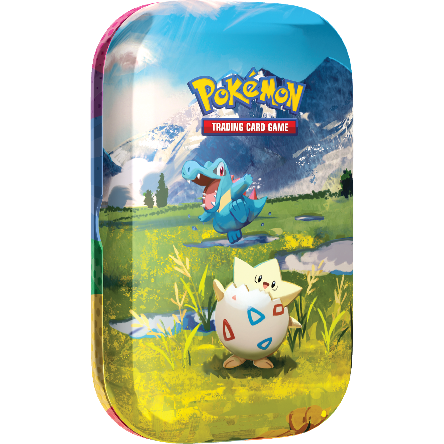 Pokemon blik met Totodile en Togepi op een groen veld voor bergen.