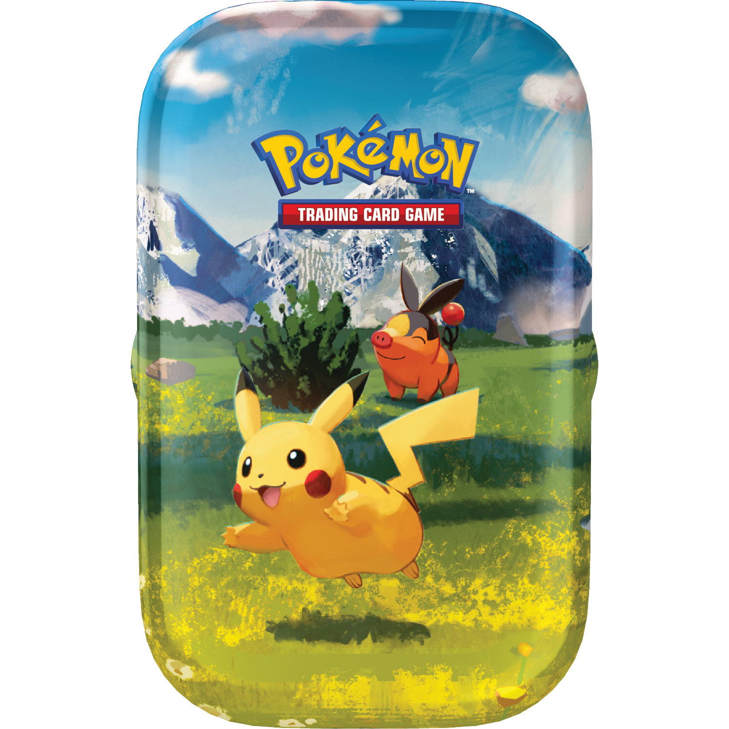 Pikachu en Ferkuli rennen over een bloeiende weide voor besneeuwde bergen.