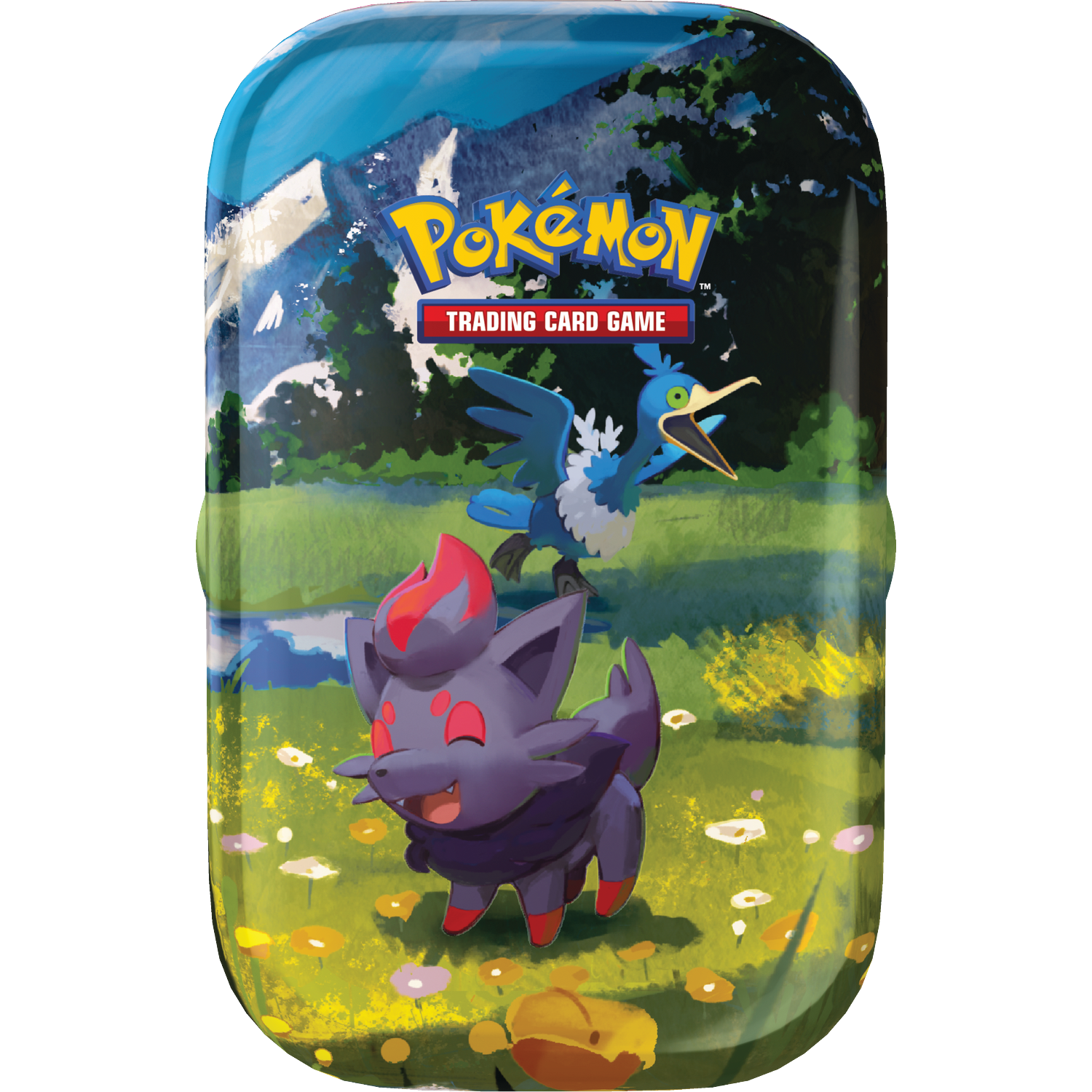 Pokémon blik met Zoroark en een blauwe vogel in een groen landschap.