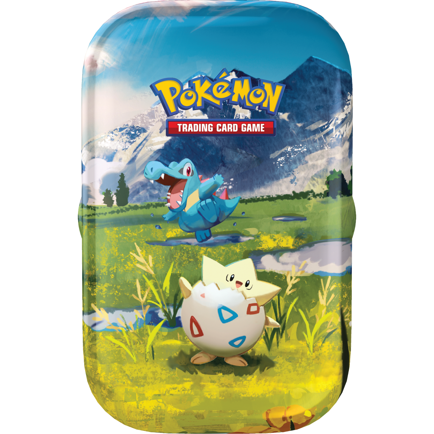 Pokemon Trading Card Game blik met Totodile en Togepi voor bergen.