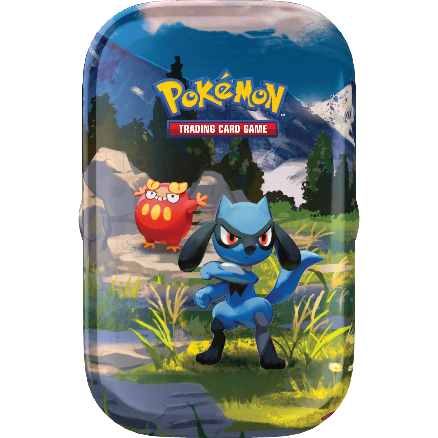 Pokemon blik met Riolu en Magby tegen berglandschap.