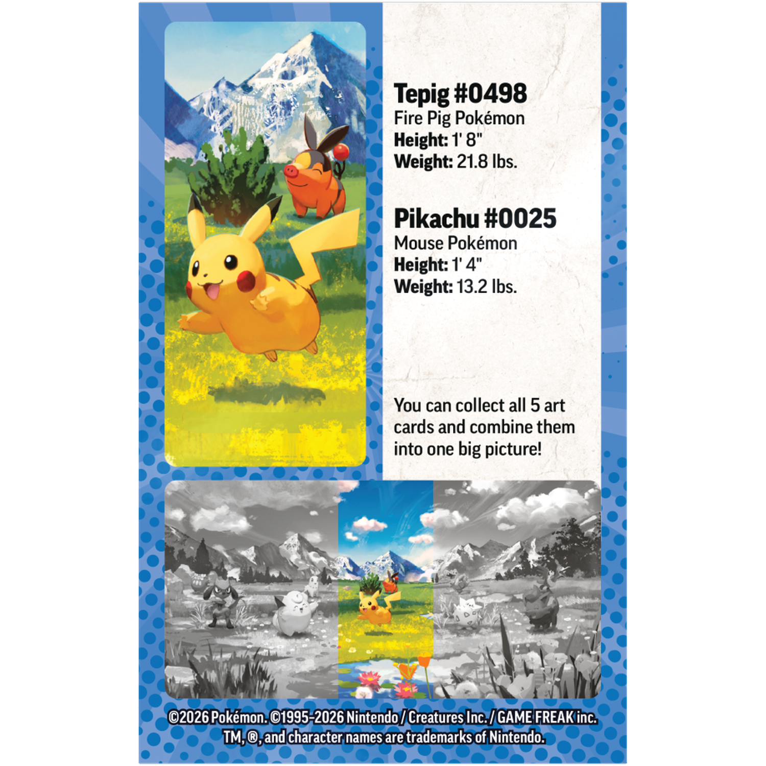 Pikachu en Tepig in een bergachtig landschap. Onder, een collage van Pokémon.
