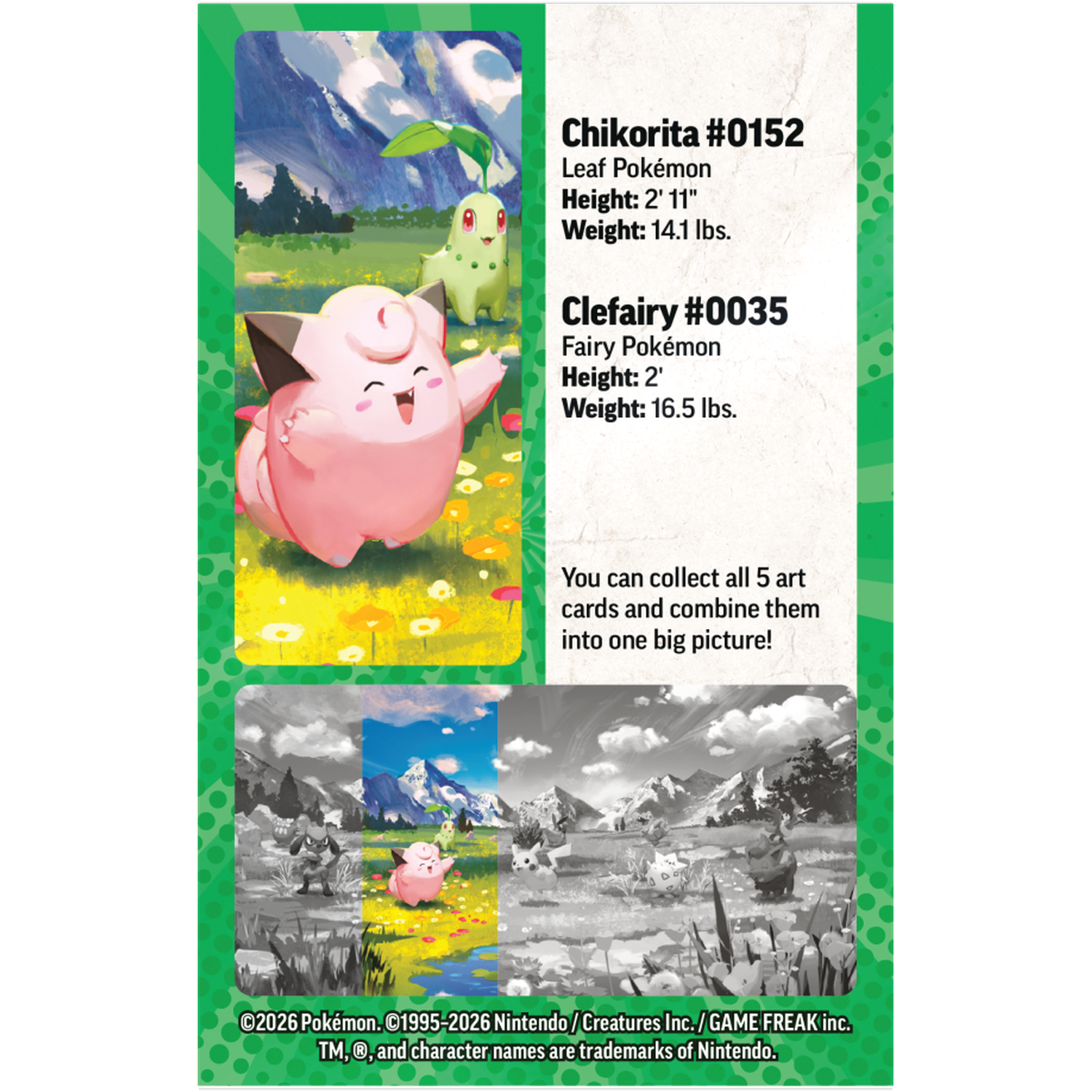 Chikorita en Clefairy in een grasveld met bergen op de achtergrond.
