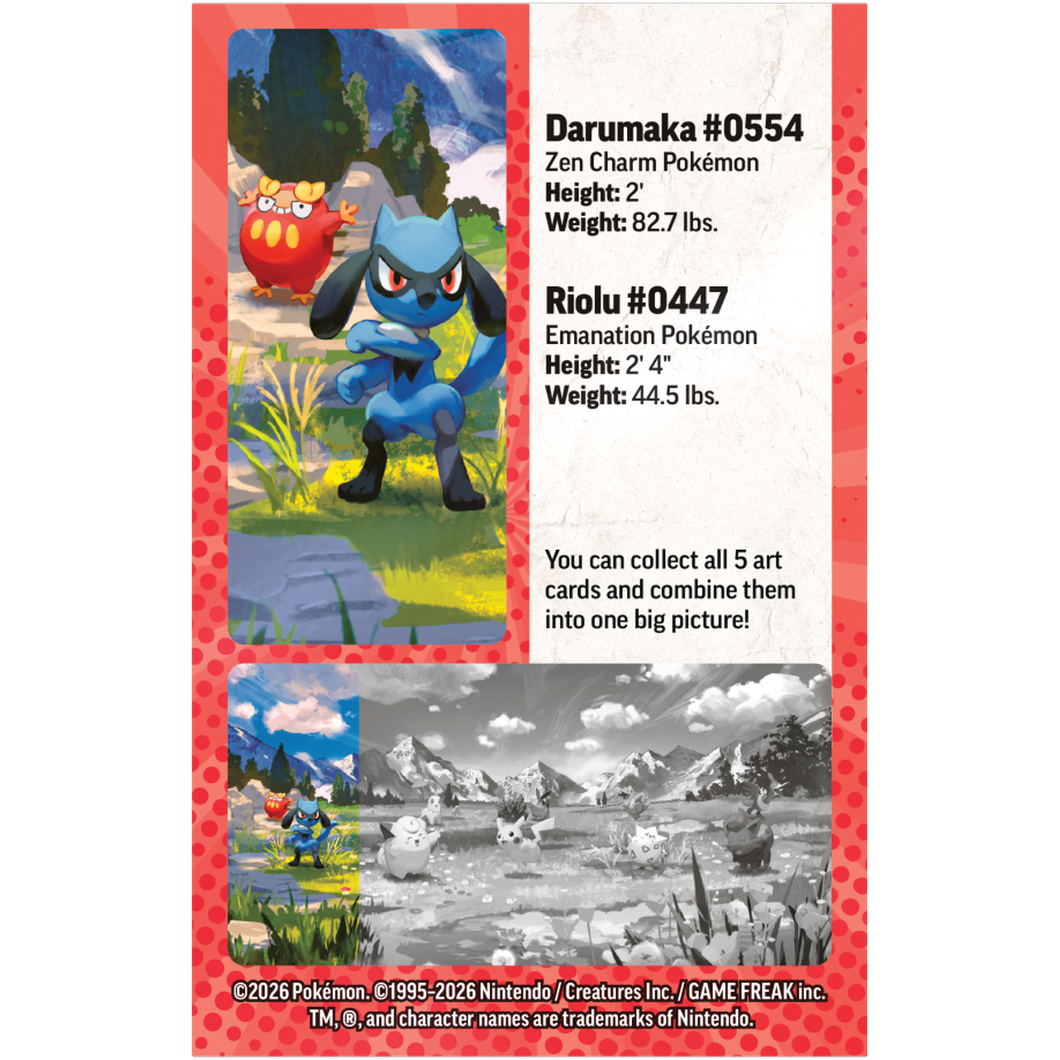 Blauwe Riolu en rode Darumaka staan in een landschap. Beneden een zwart-wit scène.