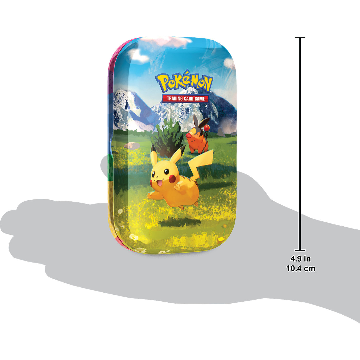 Pokemon blik met Pikachu en een ander Pokémon tegen bergen.