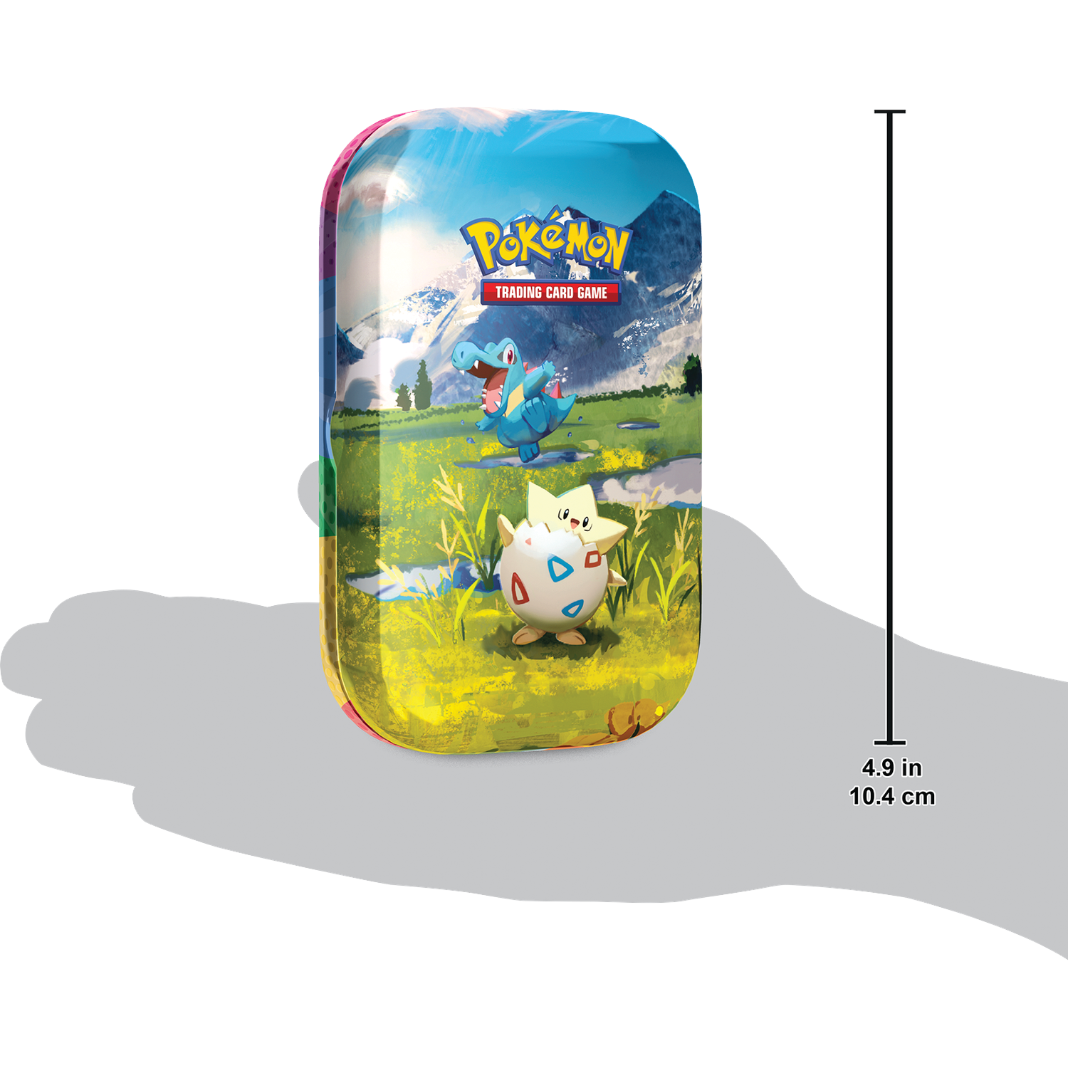 Pokemon trading card blik met Togepi en Totodile in een veld.
