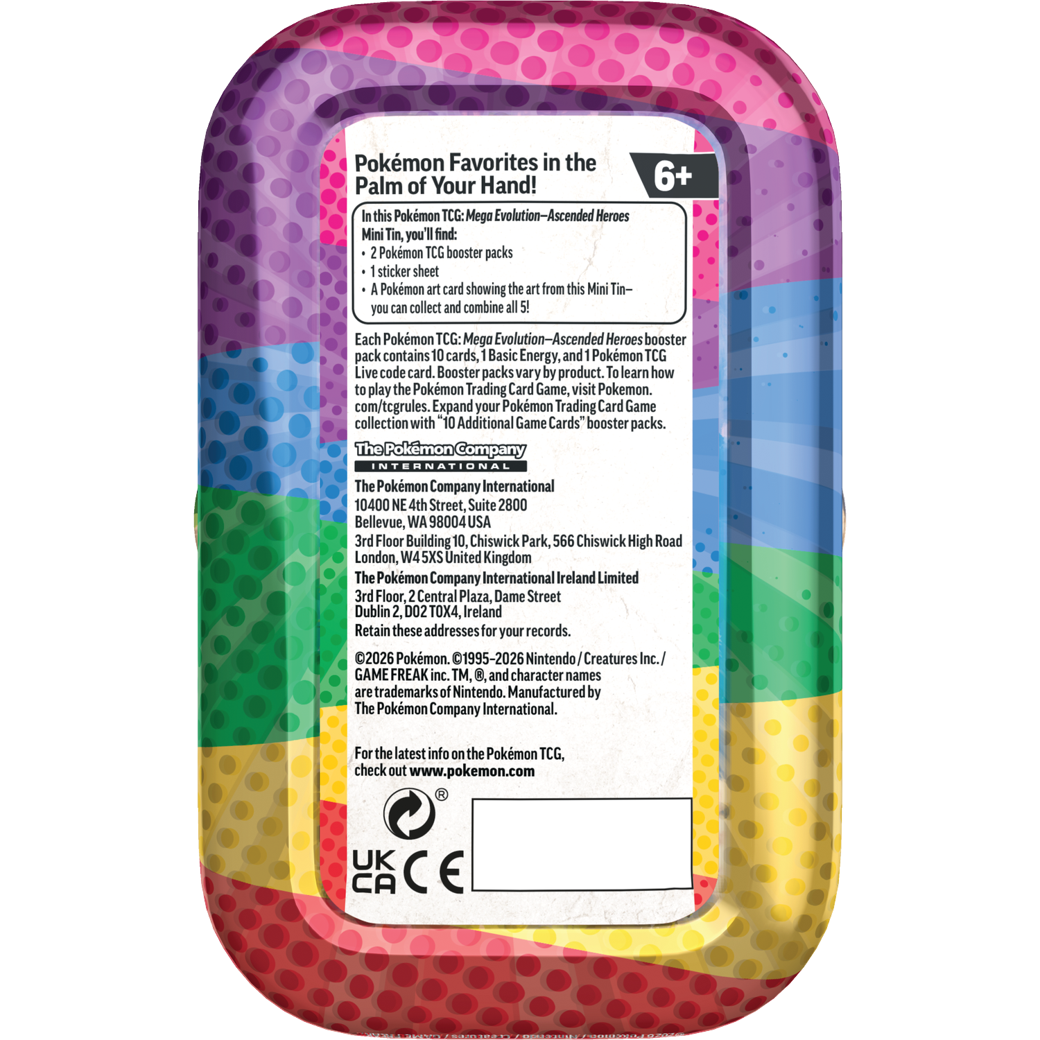 Pokémon Mini Tin met kleurrijke stippen en licentie-informatie.