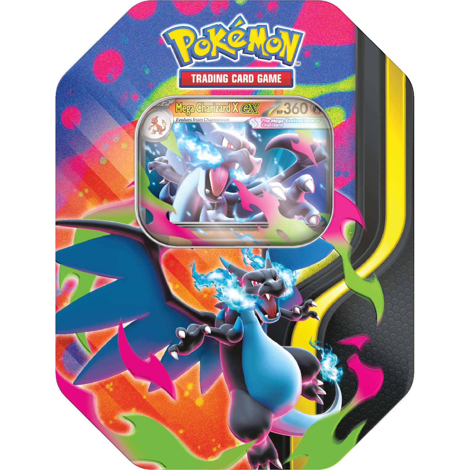 Pokémon Trading Card Game blik met Mega Charizard EX en vlammende vlammen.