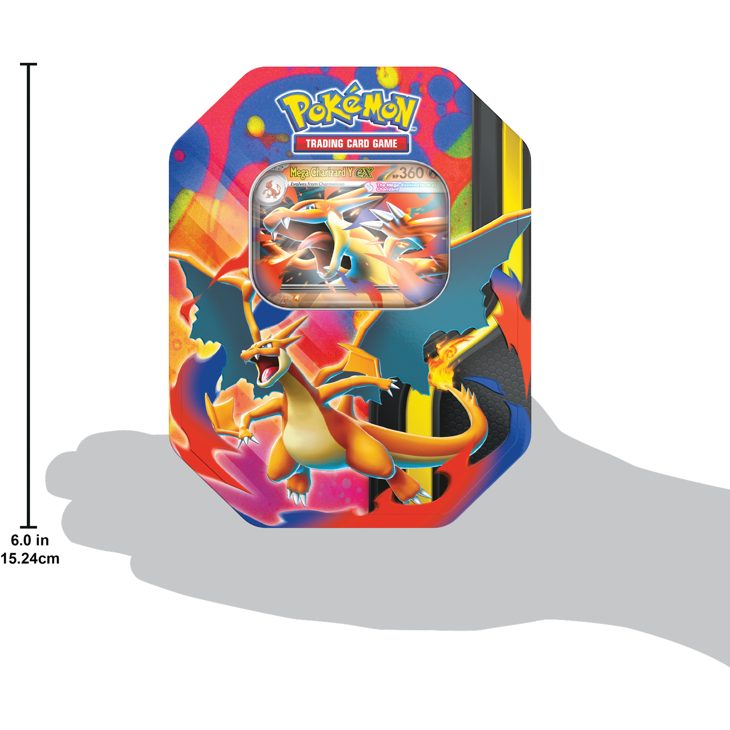 Pokemon ruilkaartspel blik met Mega Charizard Y EX. Kleurrijk ontwerp.