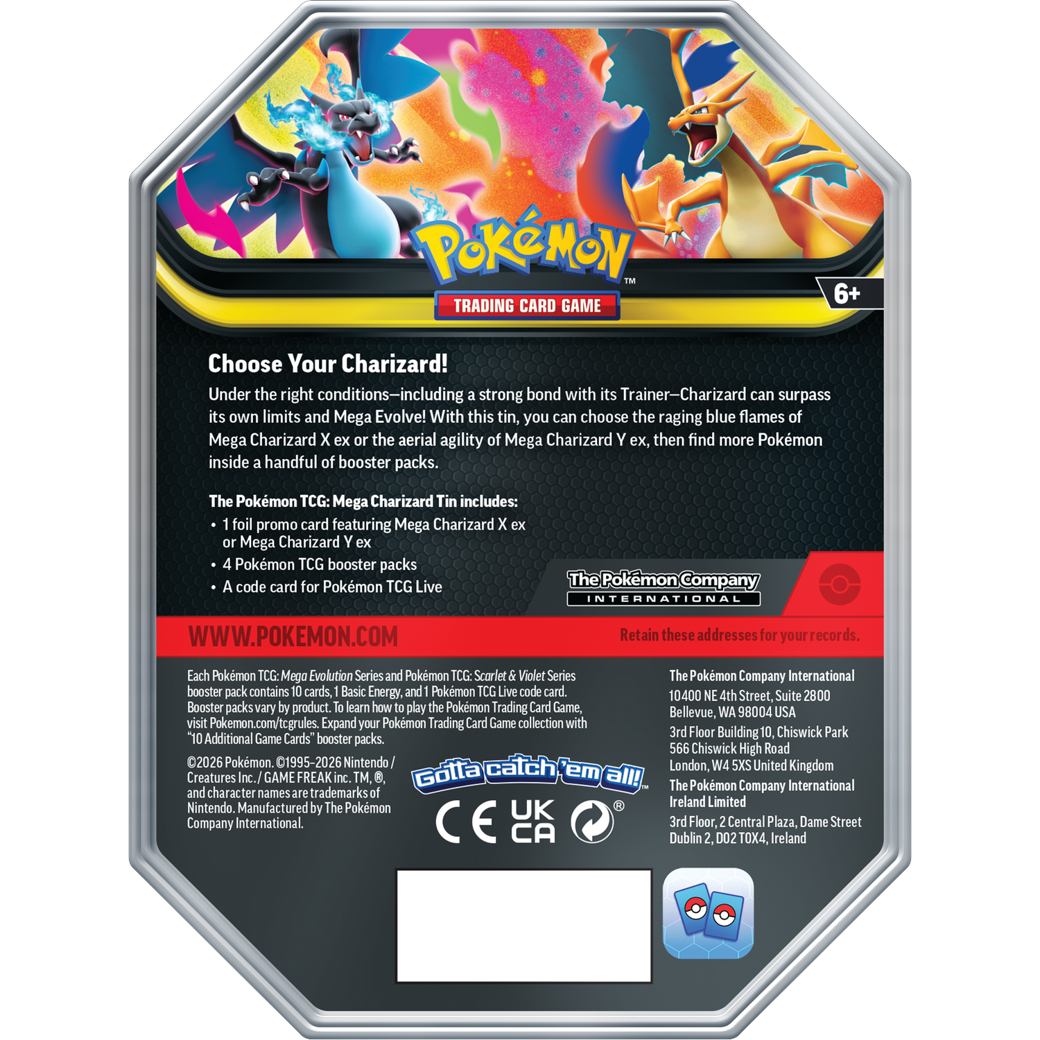Pokémon TCG Mega Charizard Tin met twee draken, spelinfo en logo's.