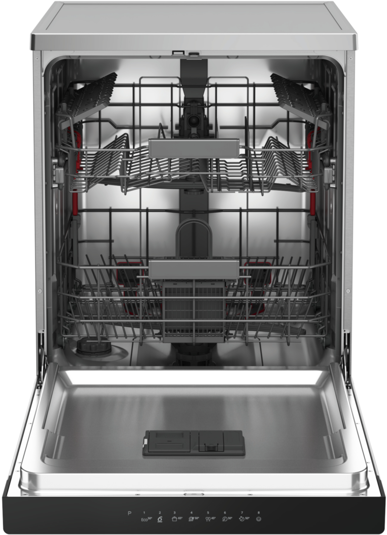 Wnętrze otwartej zmywarki z dwoma koszami i panelem sterowania.