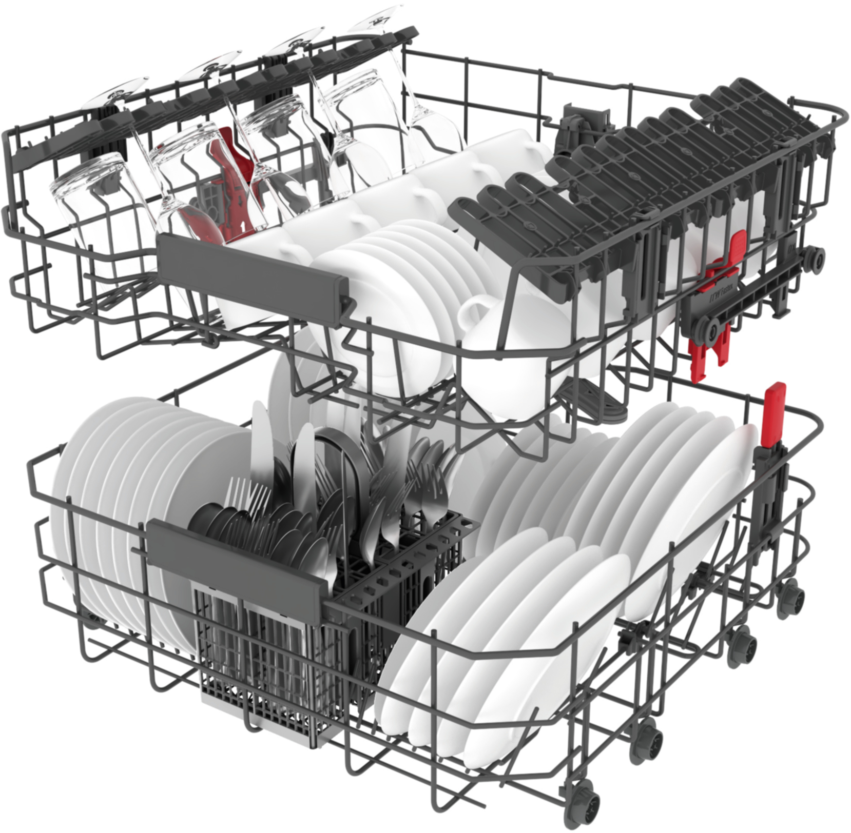 Otwarty kosz zmywarki ze szklankami, talerzami, kubkami i sztućcami.