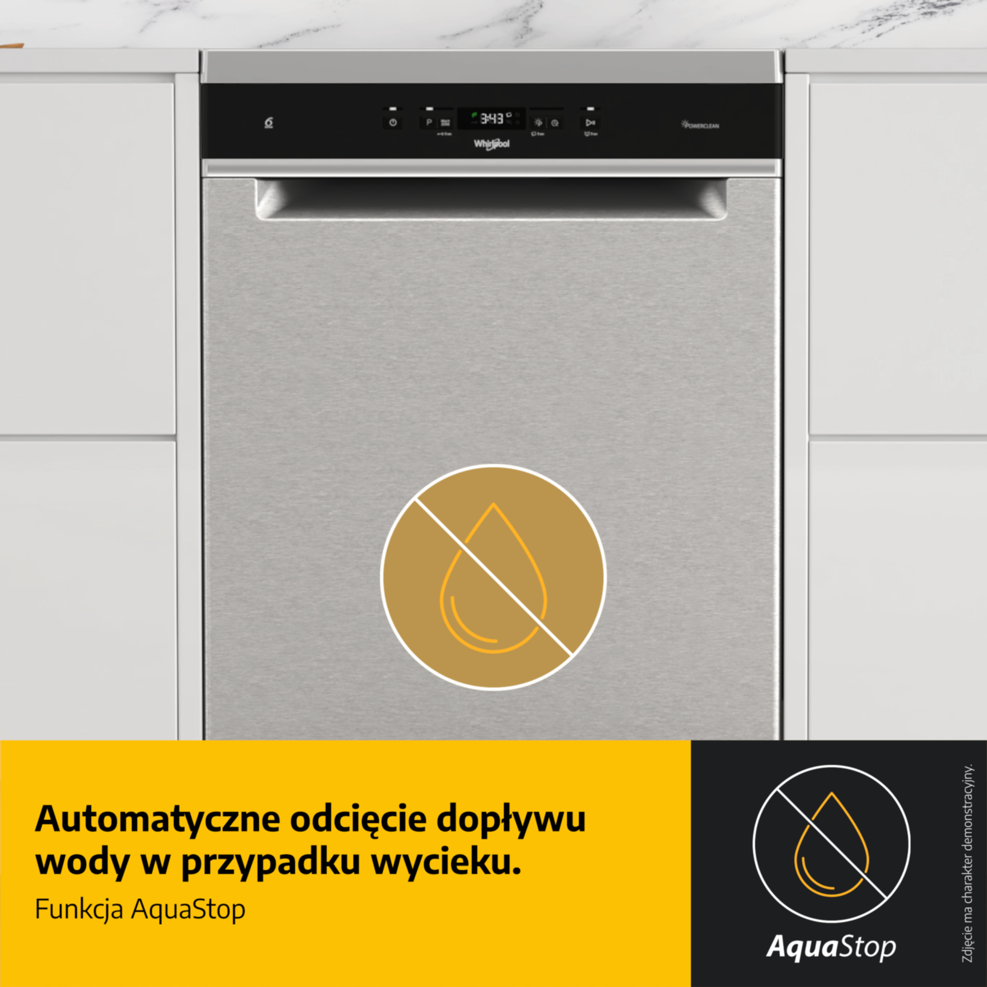 Zmywarka ze stali nierdzewnej z cyfrowym wyświetlaczem. Symbol AquaStop oznacza ochronę.