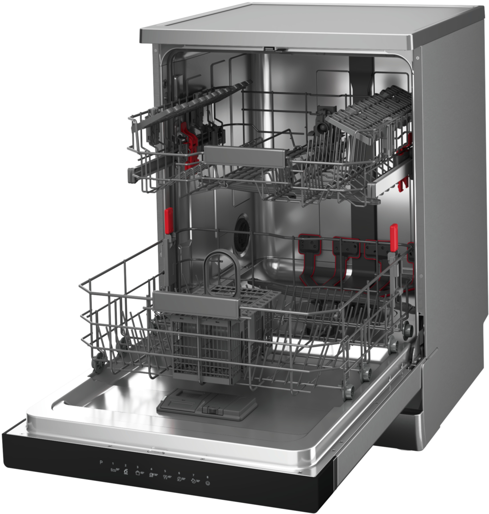 Otwarta zmywarka z dwoma koszami, srebrna, z czerwonymi detalami.