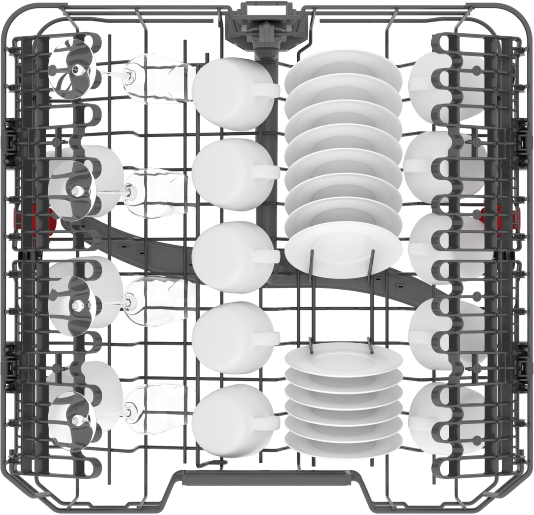 Kosz zmywarki ze szklankami, kubkami i talerzami.