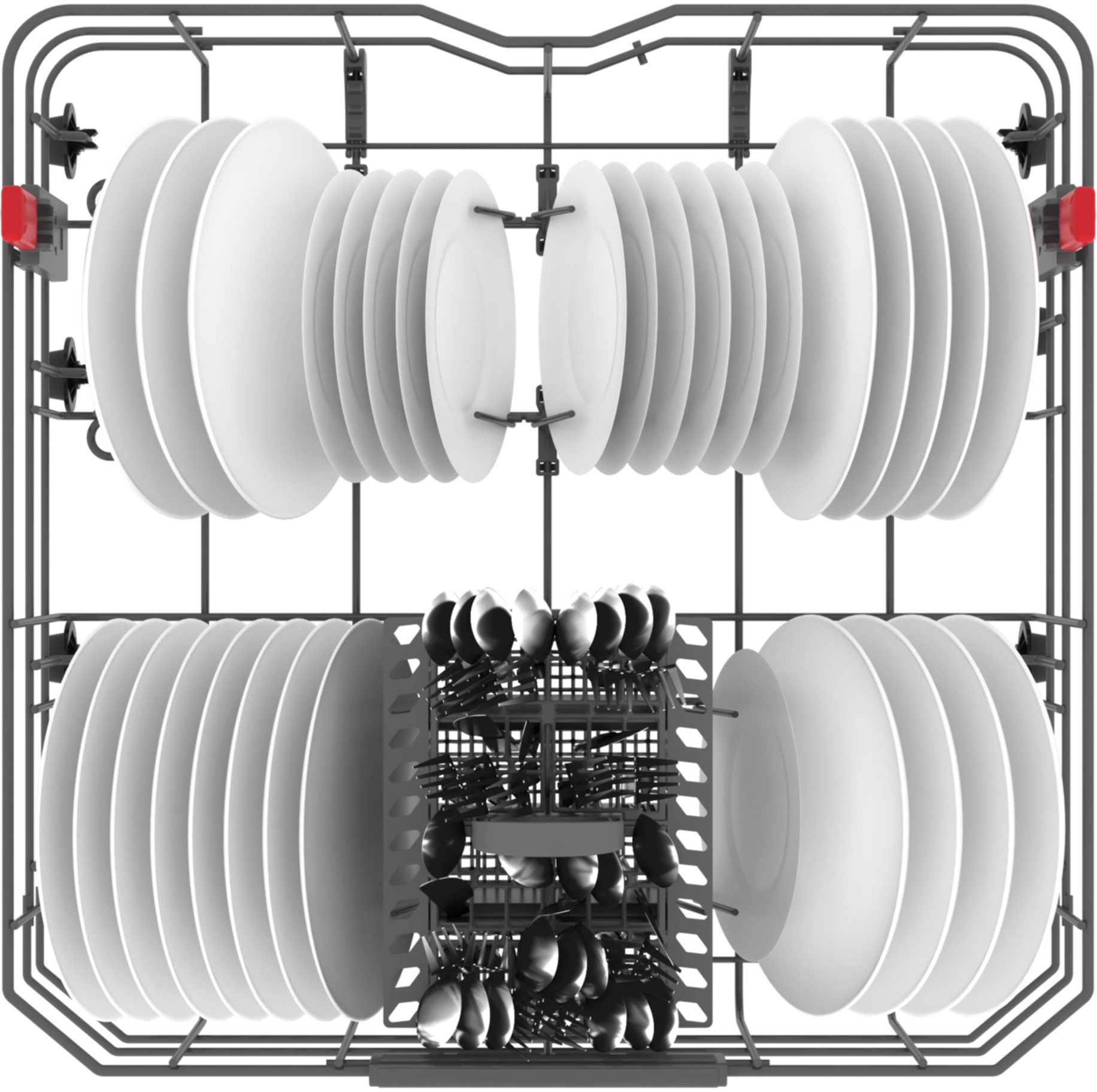 Kosz zmywarki z talerzami i sztućcami. Białe talerze na górze i na dole, sztućce pośrodku.