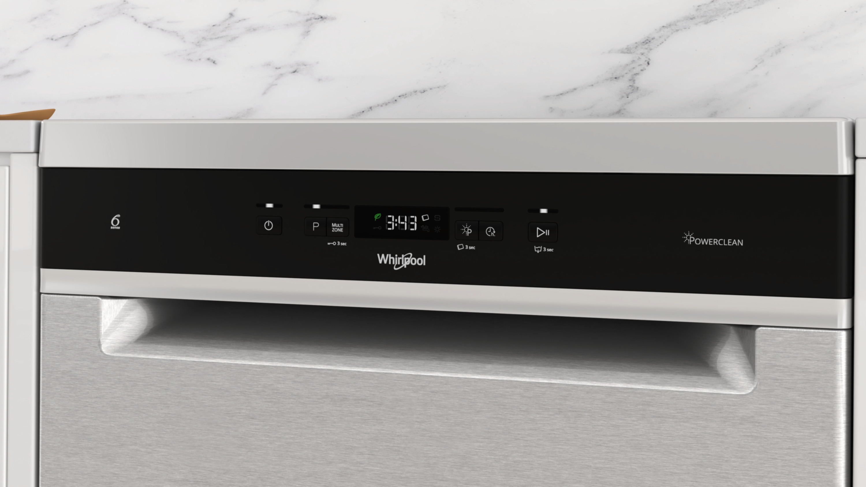 Zbliżenie panelu sterowania zmywarki z cyfrowym wyświetlaczem.