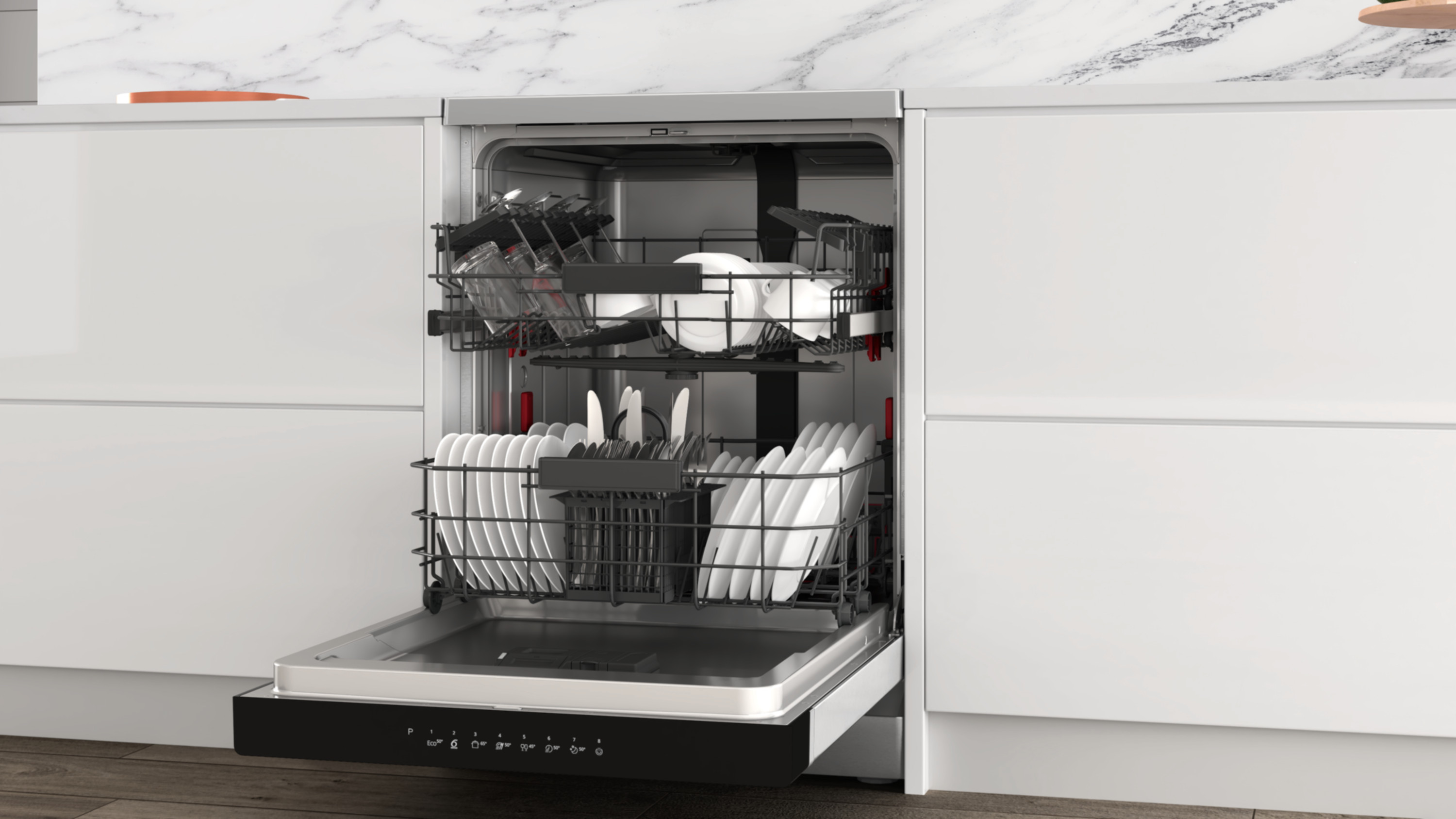 Otwarta zmywarka z dwoma koszami, załadowana białymi talerzami i szklankami.