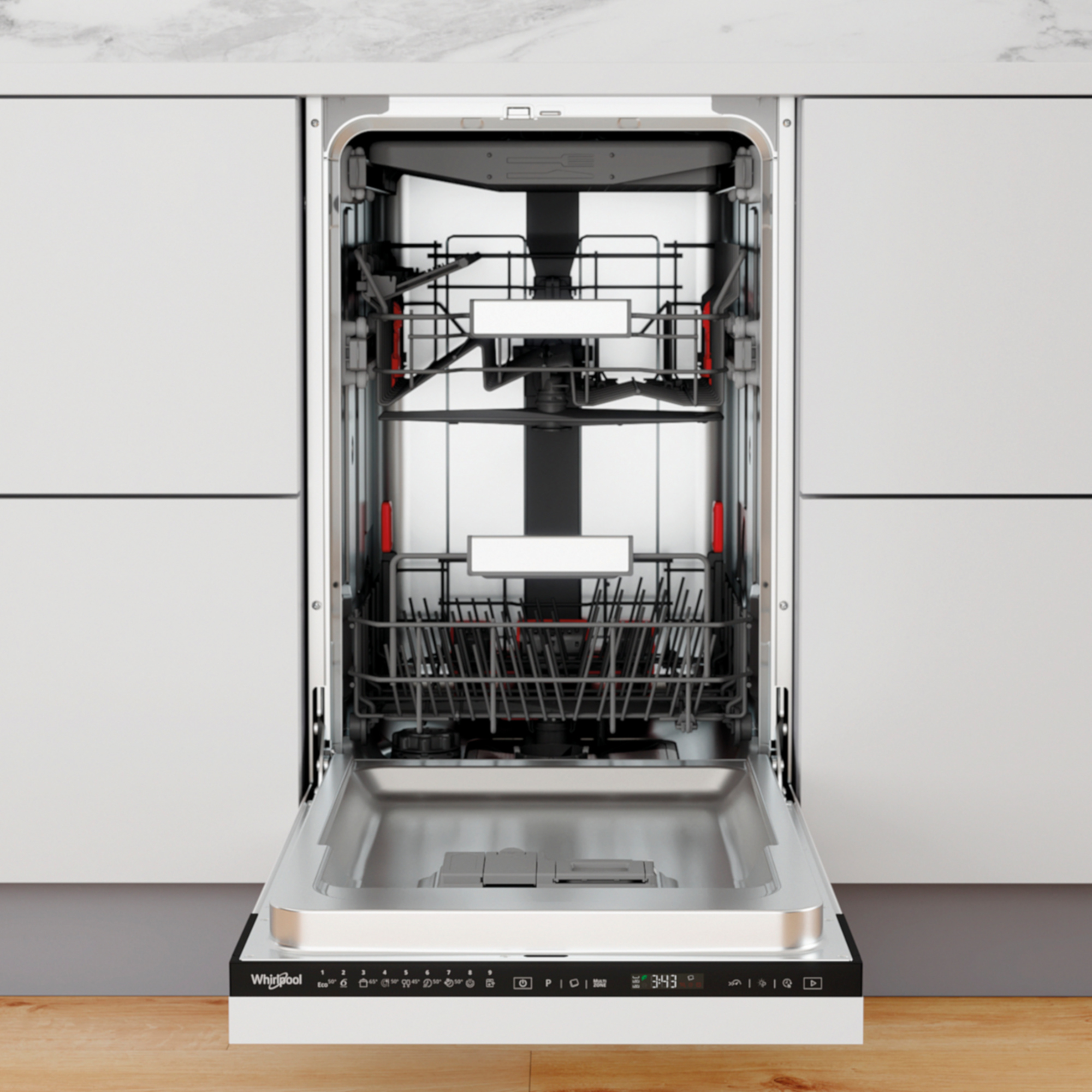 Otwarta zmywarka z dwoma koszami i panelem sterowania. Wnętrze puste.