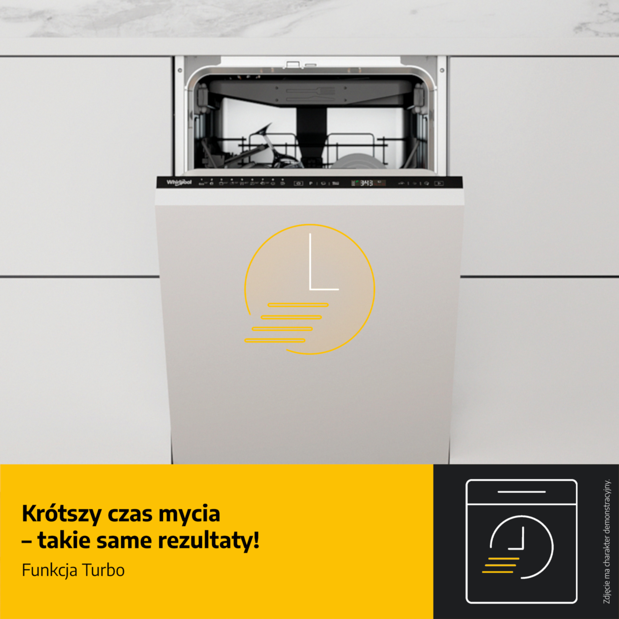 Otwarta zmywarka z naczyniami. U góry ikona zegara.