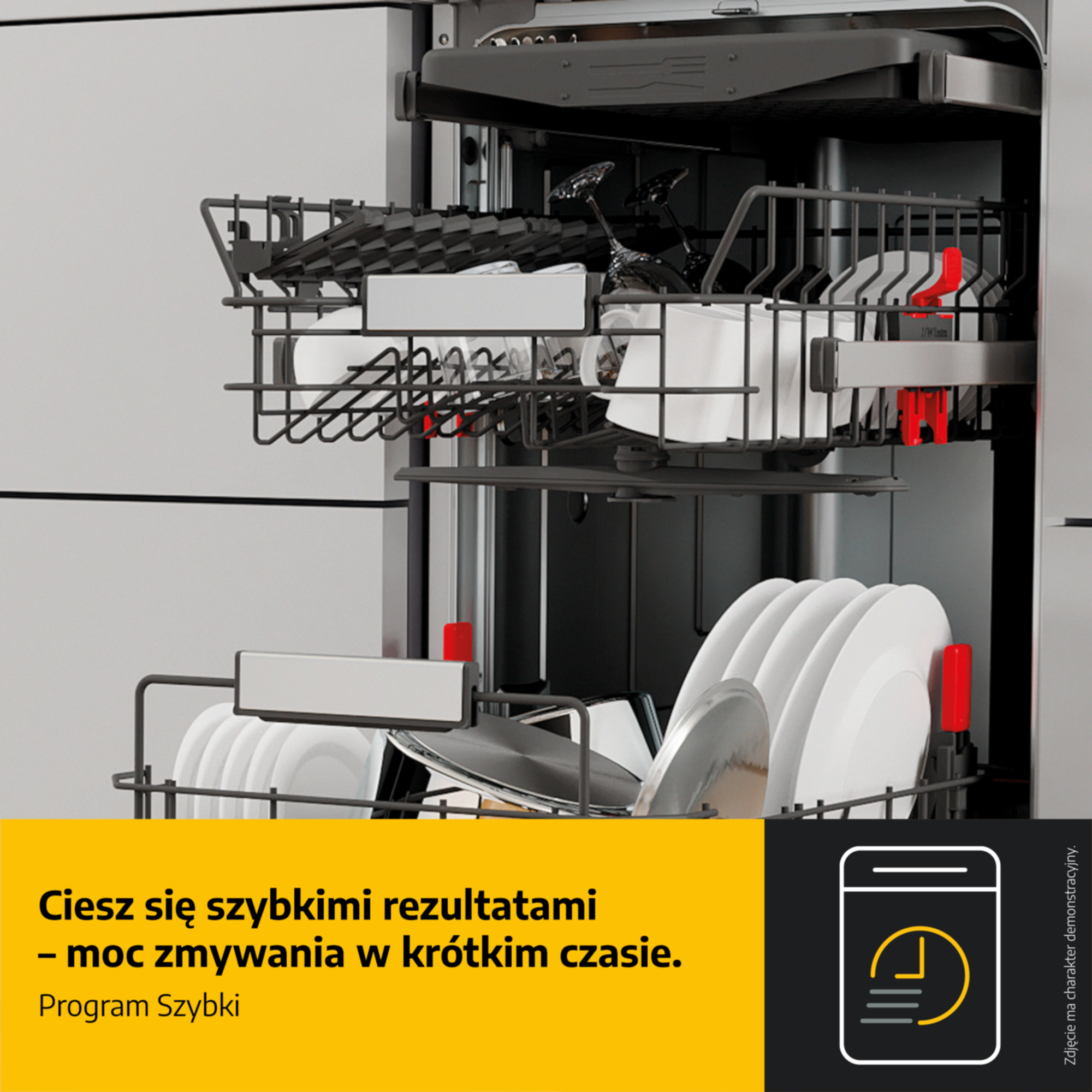 Kosz zmywarki ze szklankami i talerzami, z żółtym polem tekstowym.