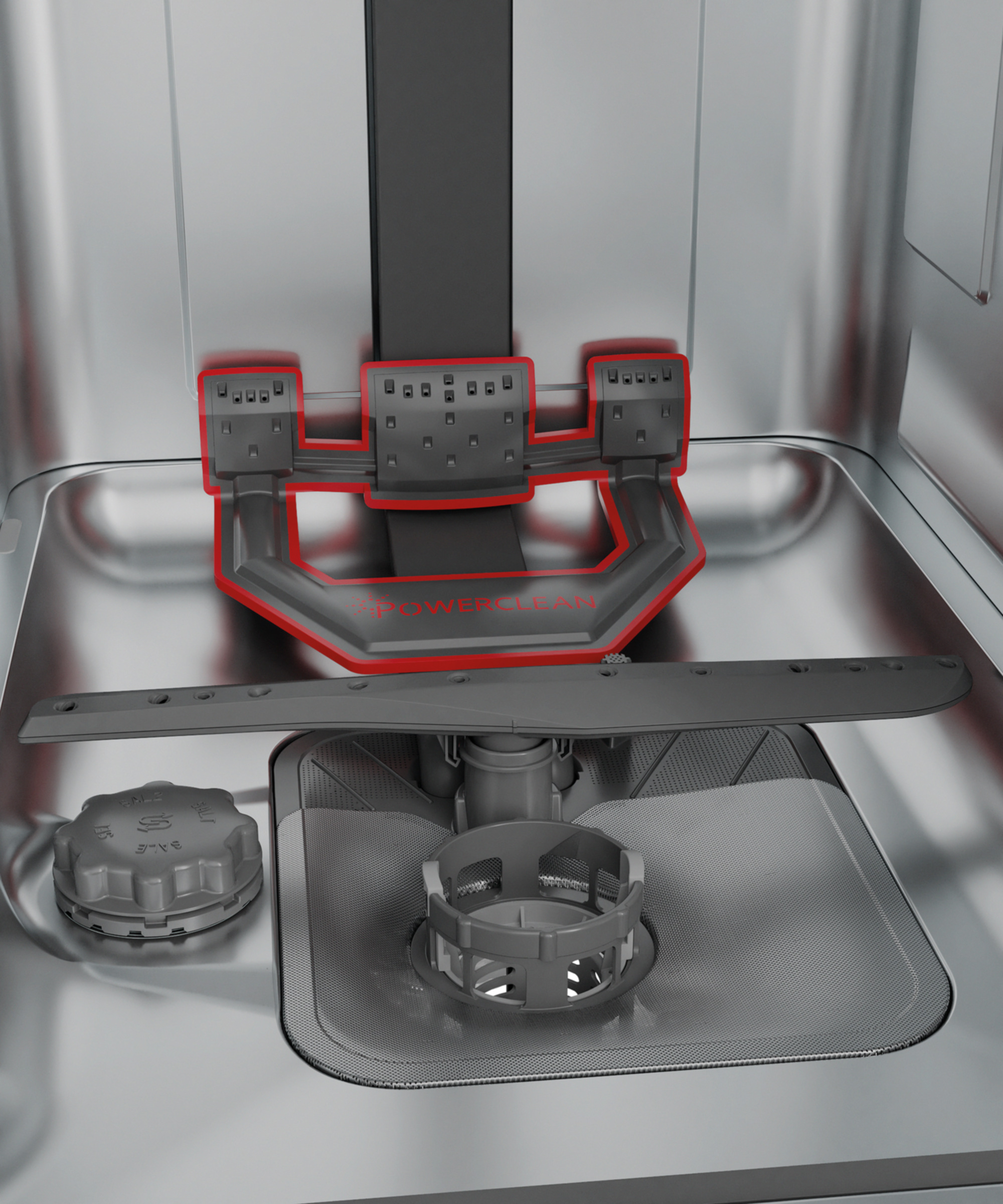 Widok wnętrza zmywarki z ramionami natryskowymi i filtrami.