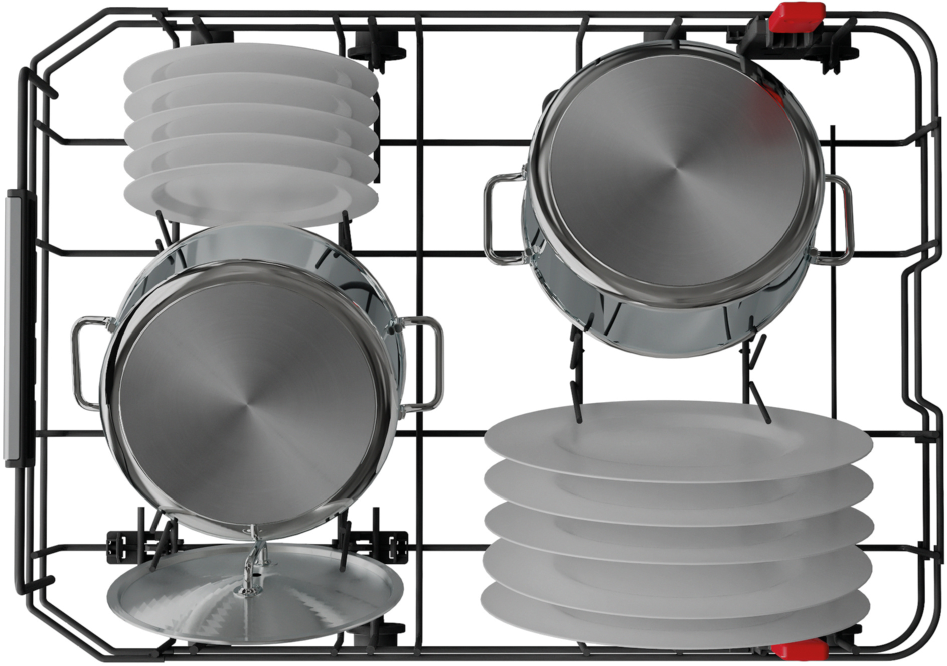 Kosz zmywarki z talerzami i garnkami ze stali nierdzewnej.