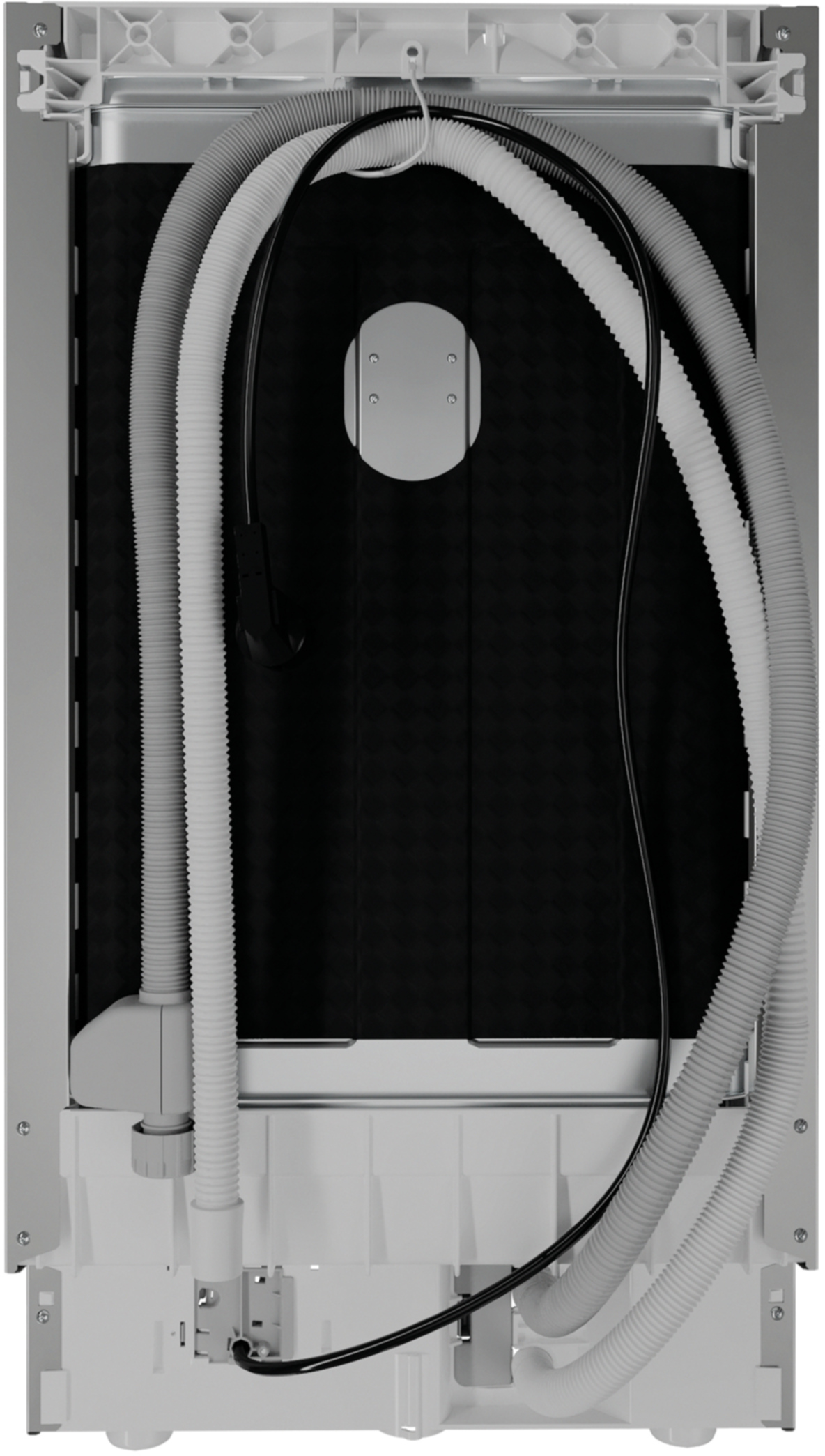 Tył zmywarki z wężami, kablami i czarnym panelem.